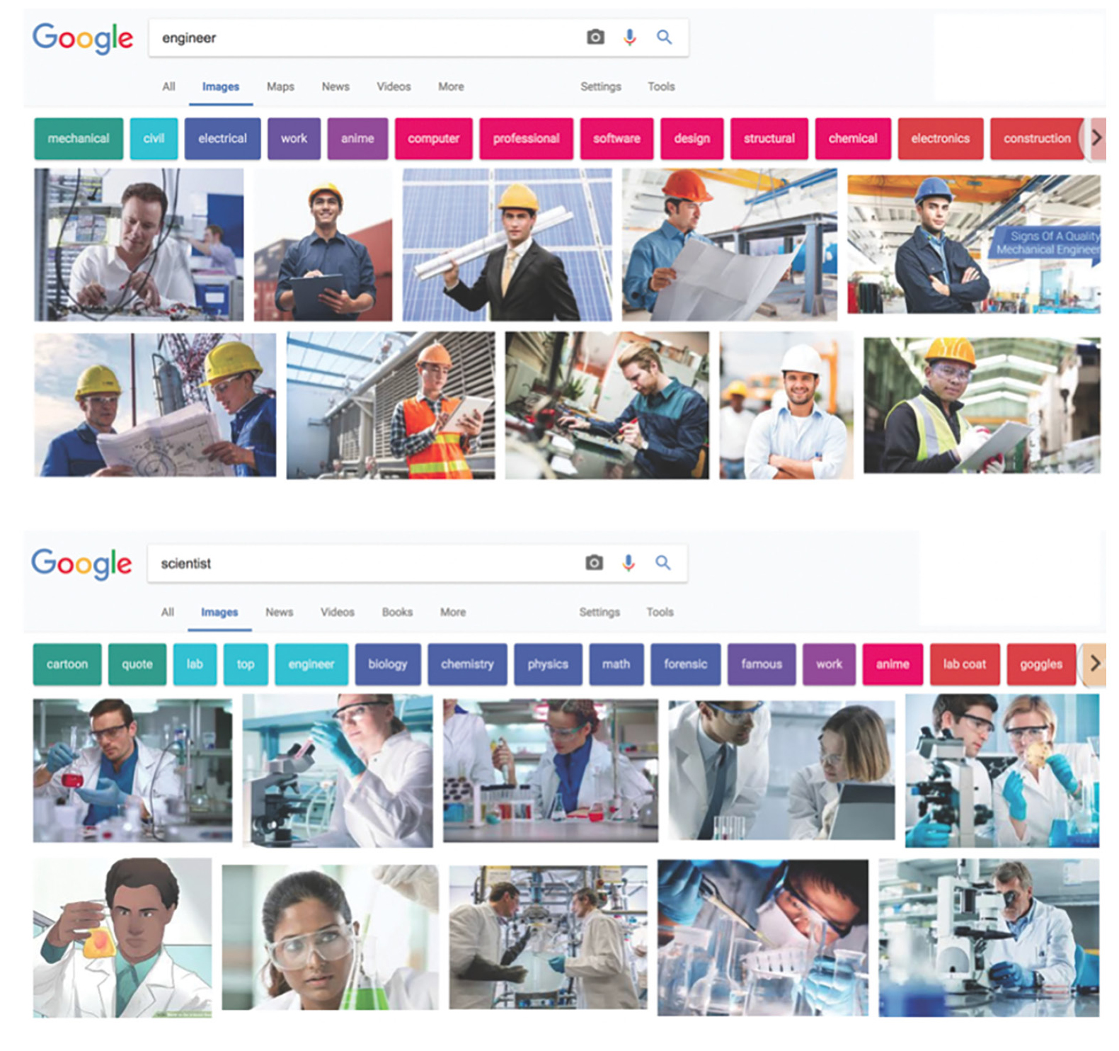 Image search results for “engineer” and “scientist.”