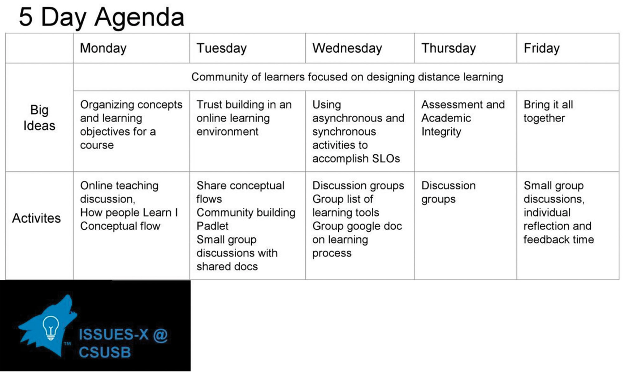 Sequencing of content for the five-day summer institute held in 2020 in preparation for online teaching in fall 2020, shown as a slide used during the institute.