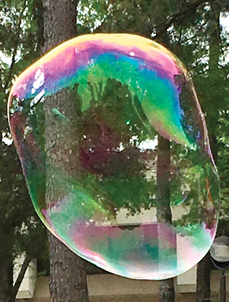Bubbles are good examples of iridescence as the bubble solution acts as a thin film. When the soap film thickness changes or when the angle of light changes, different colors get cancelled or intensified, and the colors seem to swirl.