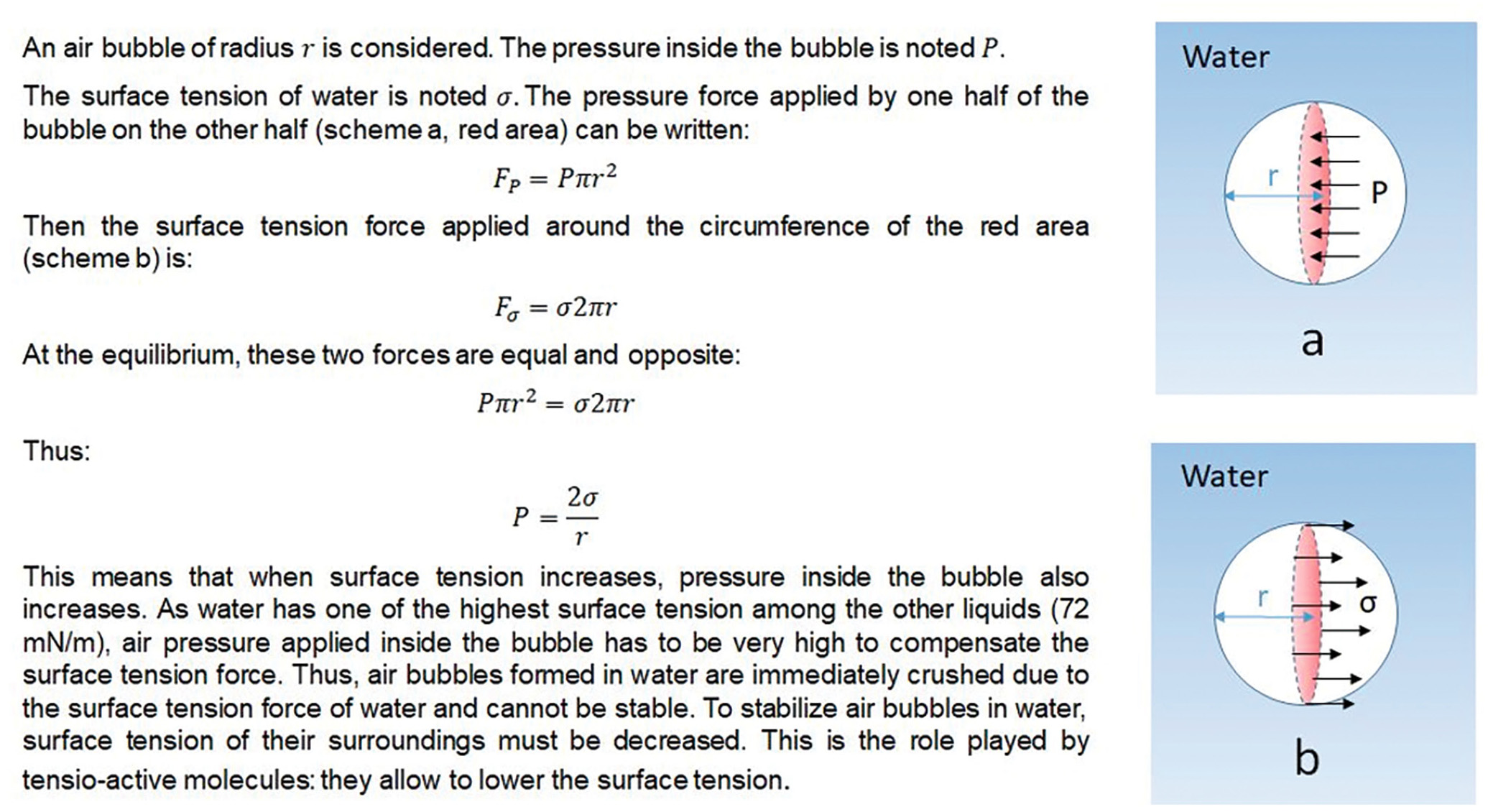 Scientific explanation and model taken for the study of pressure inside an air bubble of radius r in water: the pressure force (a) and the surface tension force (b) applied by one half of the bubble on the other half.