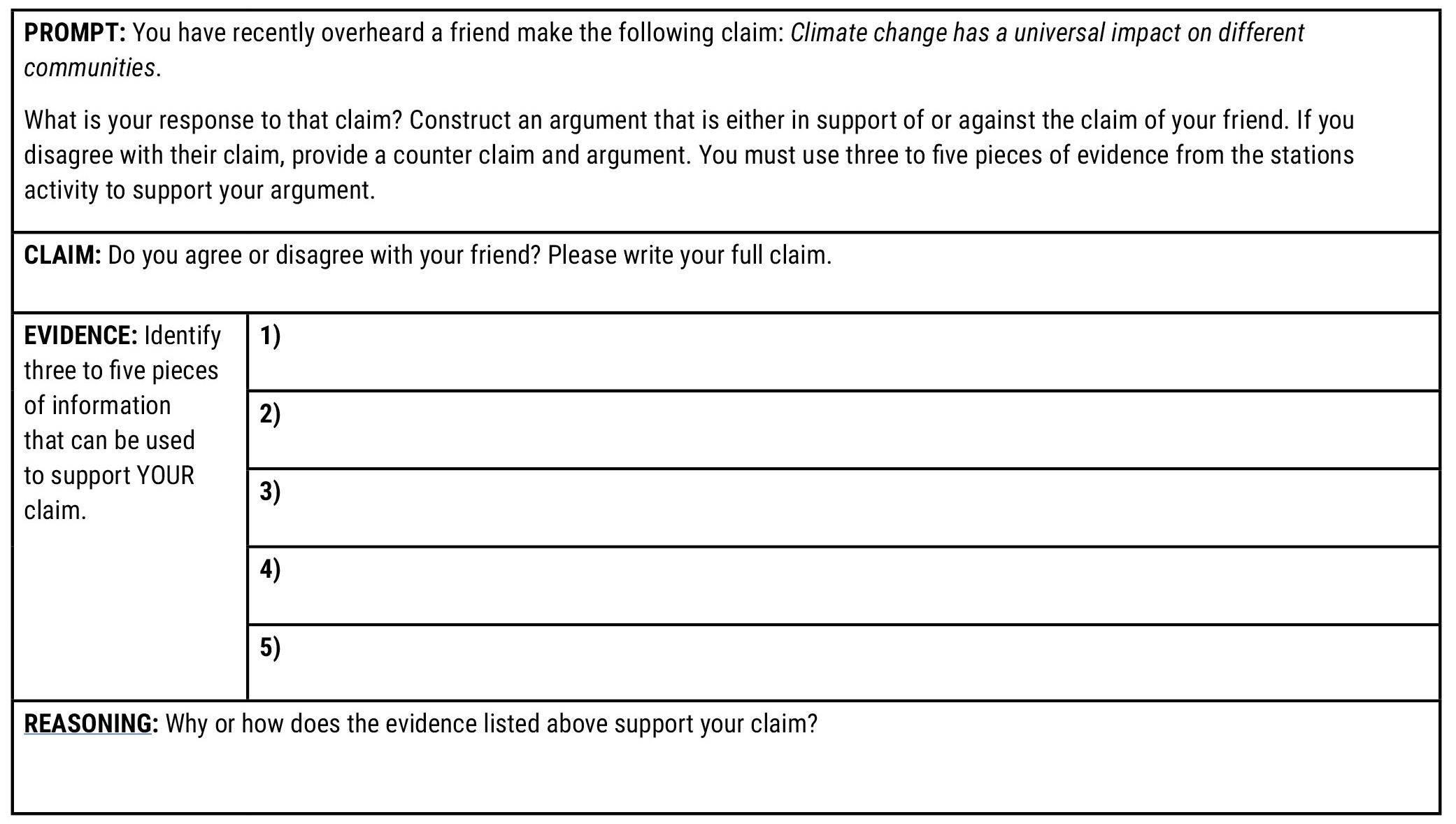 Claim-Evidence-Reasoning handout.