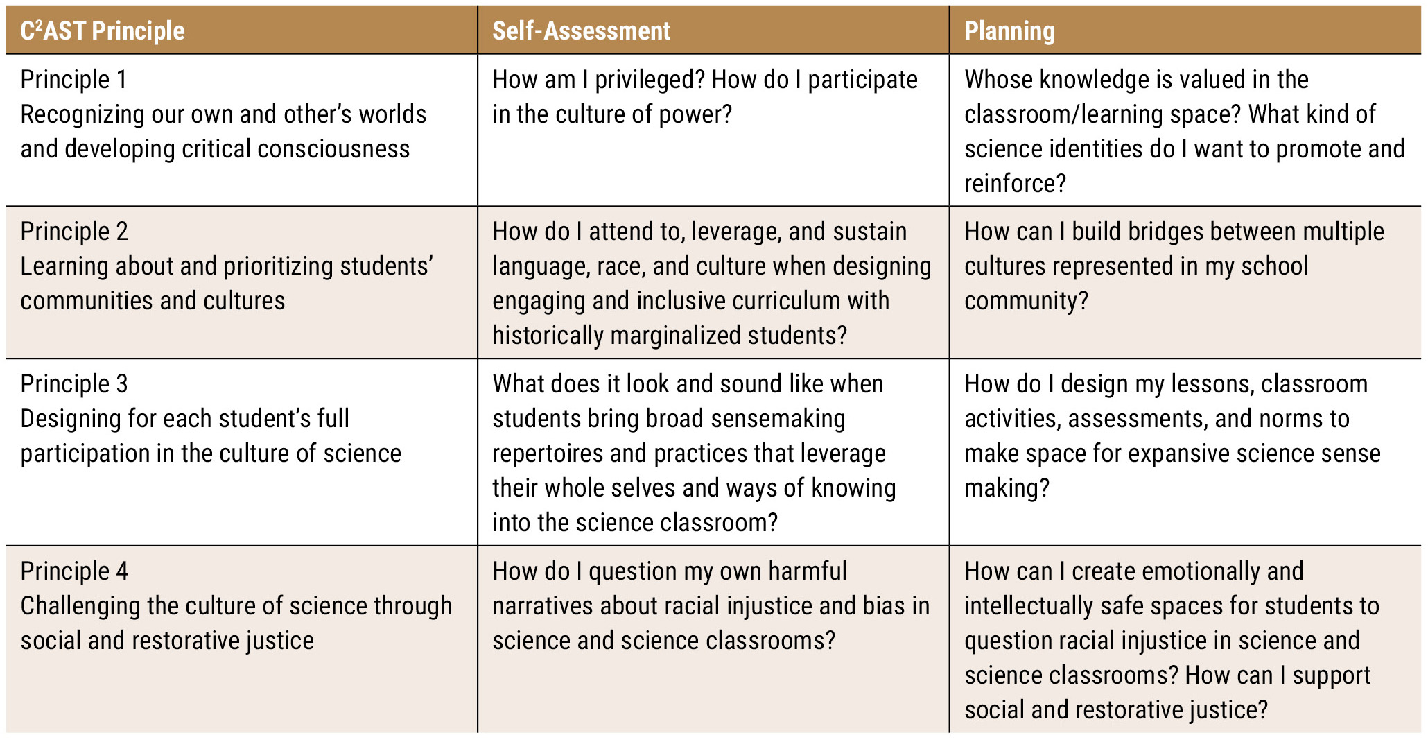 Critical questions to support self-assessment and planning.