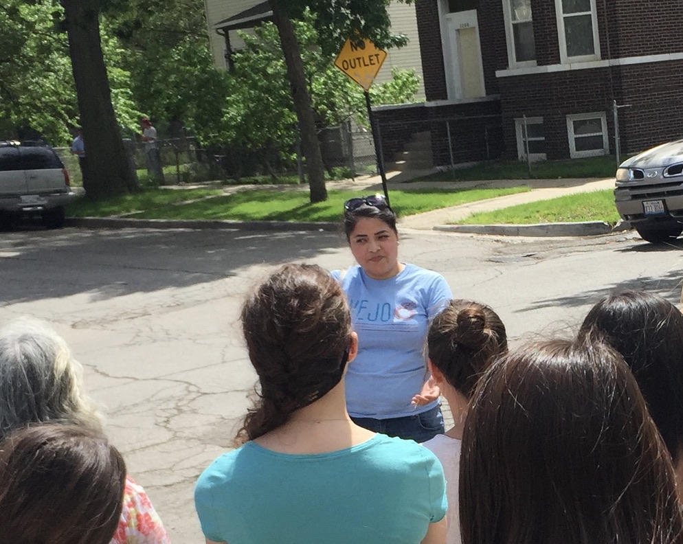 Figure 3. Canales leading LVEJO’s community asset toxic tour with a group of science teachers