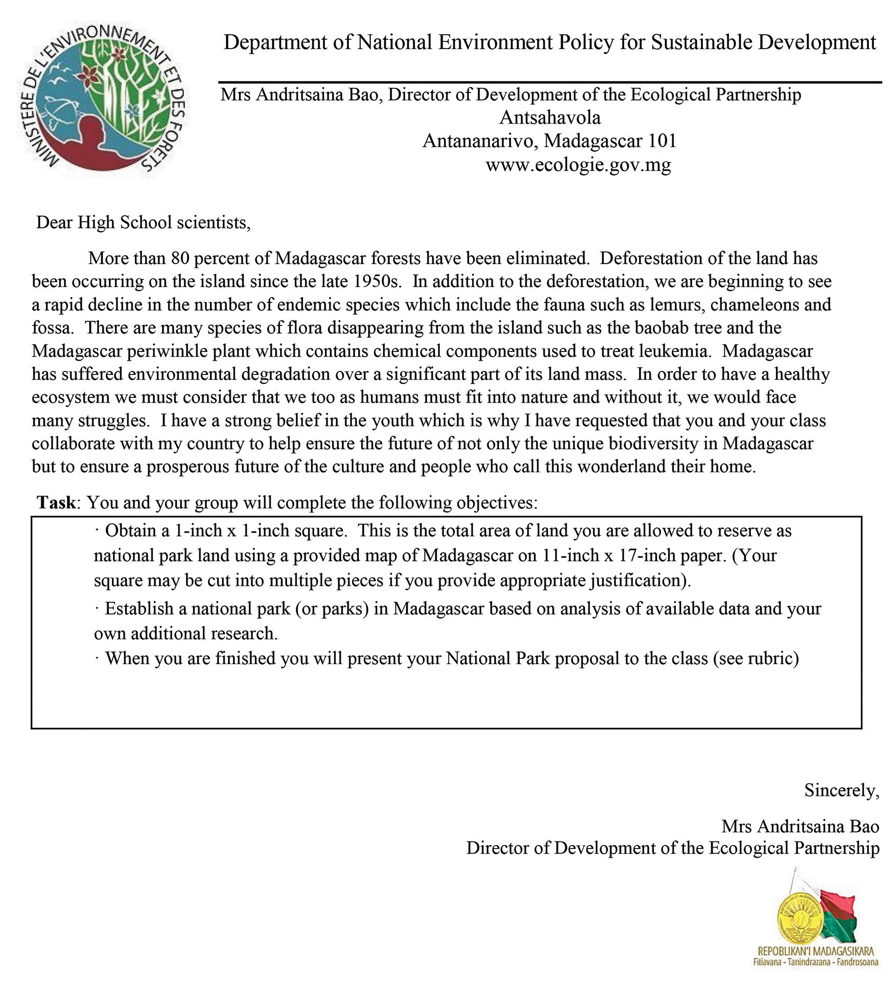 Letter from the government of Madagascar (created for the unit.)