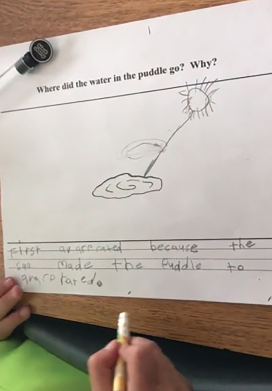 Second grader's initial modeling example.  “The Sun opened, and then it faced the puddle, and then the puddle putted—it got evaporated. And that’s how it made it go.”