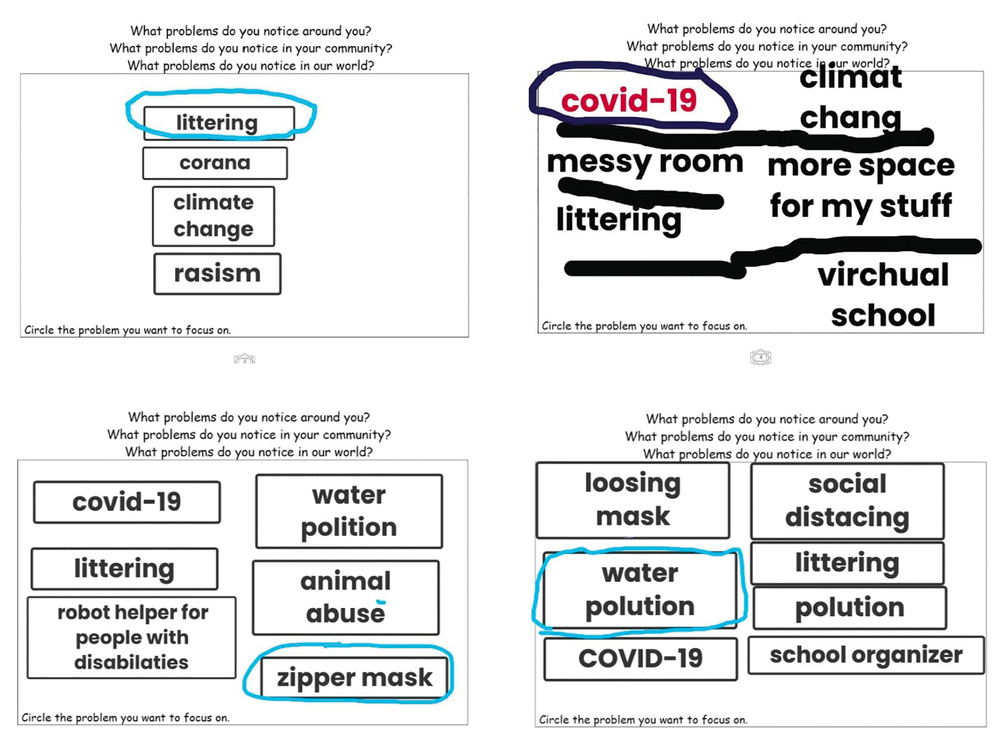 Some problems that third graders noticed around them, their community, and their world through Asking. 