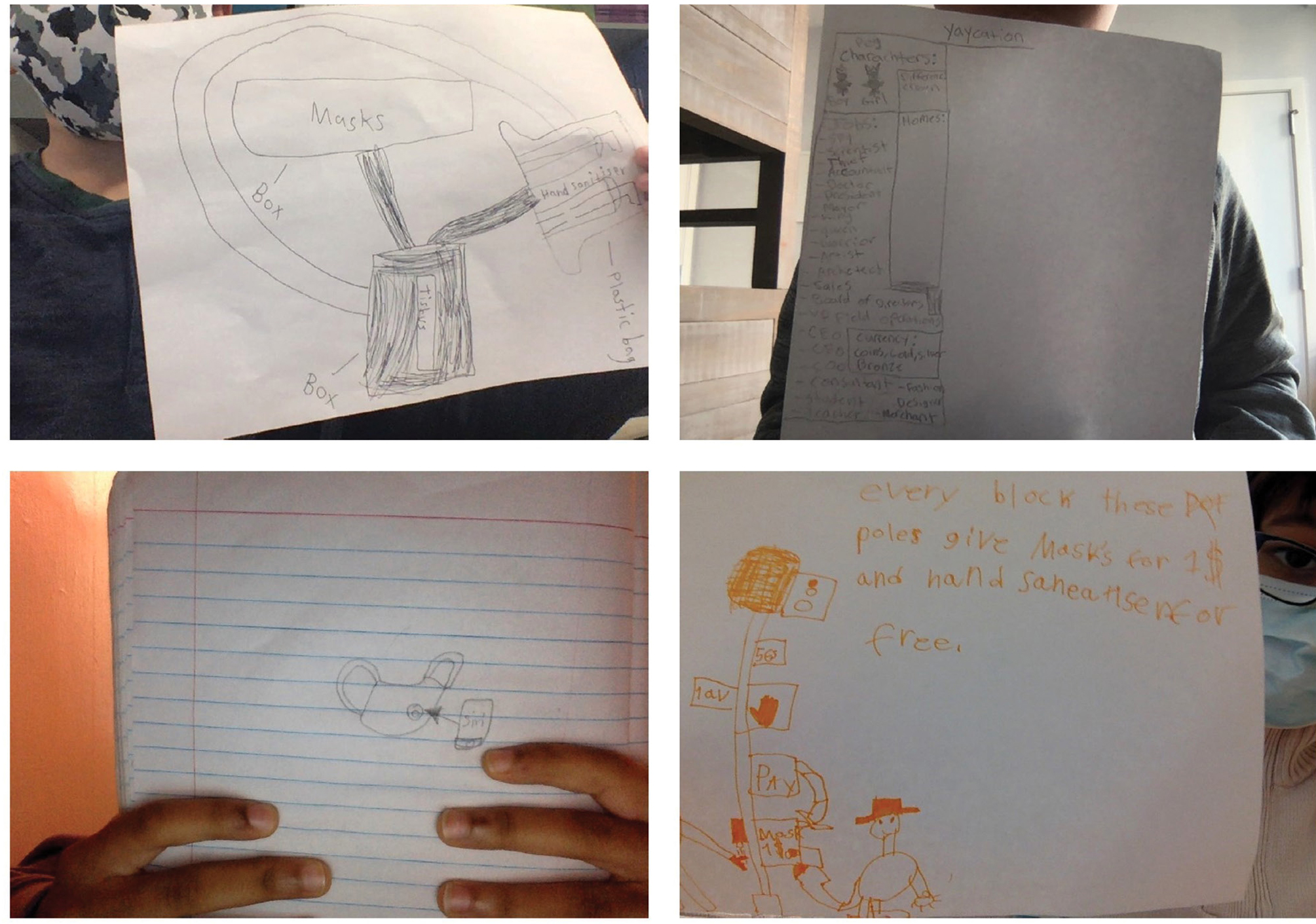 Examples of fourth-grade students’ drawings for Imagining and Planning. Students’ initial prototypes of designs related to COVID-19 included (clockwise from top left) a mask cleaner, a board game for “being lonely with no one to play with,” a dispenser of masks and sanitizer, and a tracker to put on masks in case you lose them.