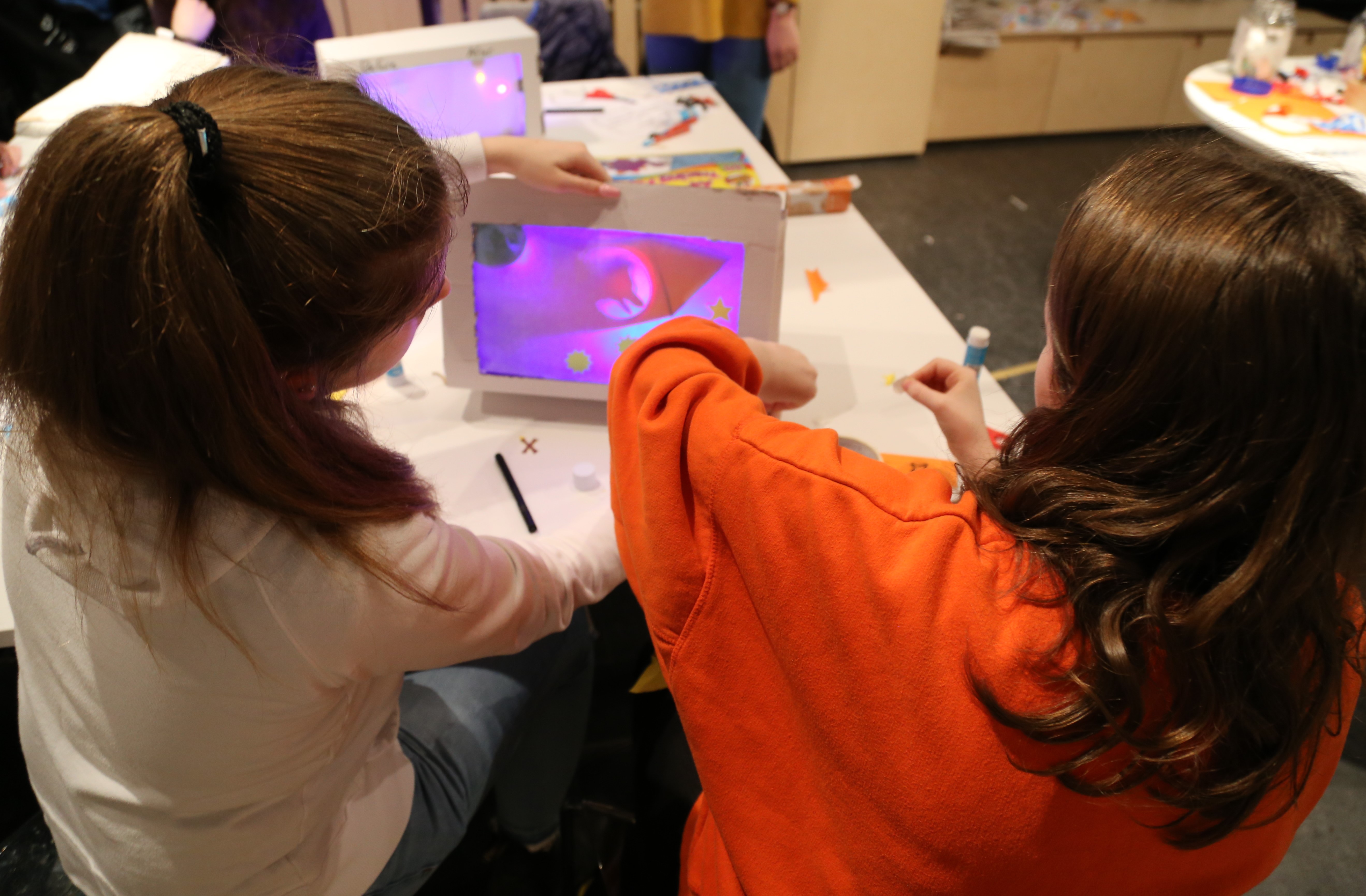 OPEN MIND Studio participants building an electronic diorama to illustrate an Irish folktale. 