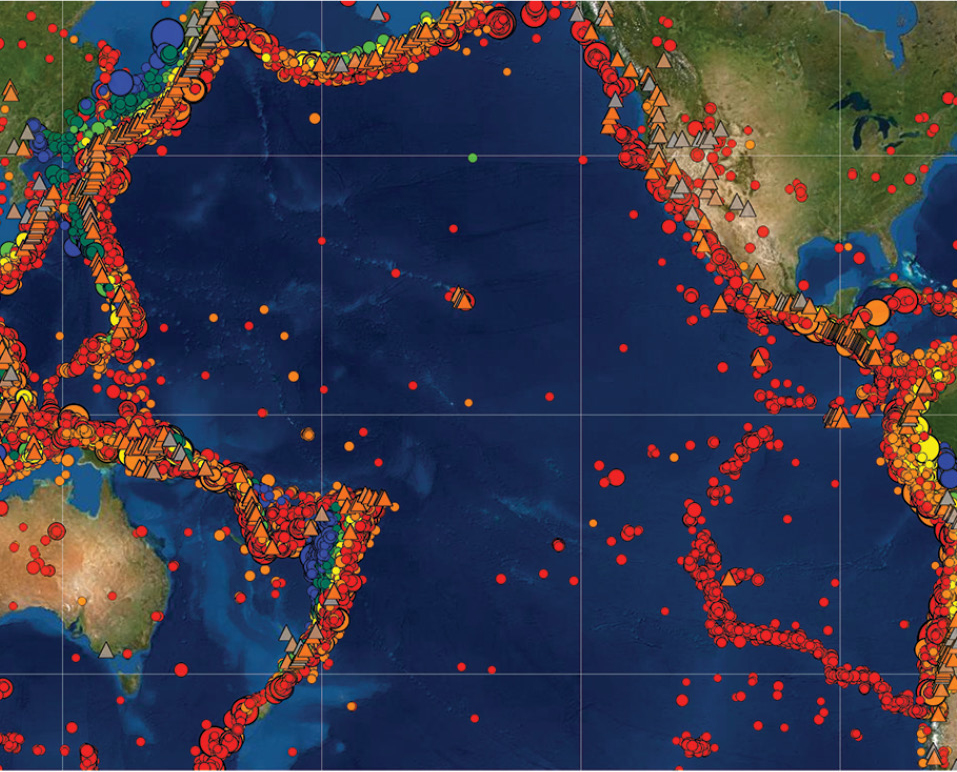 The Ring of Fire is shown in Seismic Explorer by the narrow band of volcanic eruptions (triangles) and seismic activity (circles) around the edges of the Pacific Ocean.