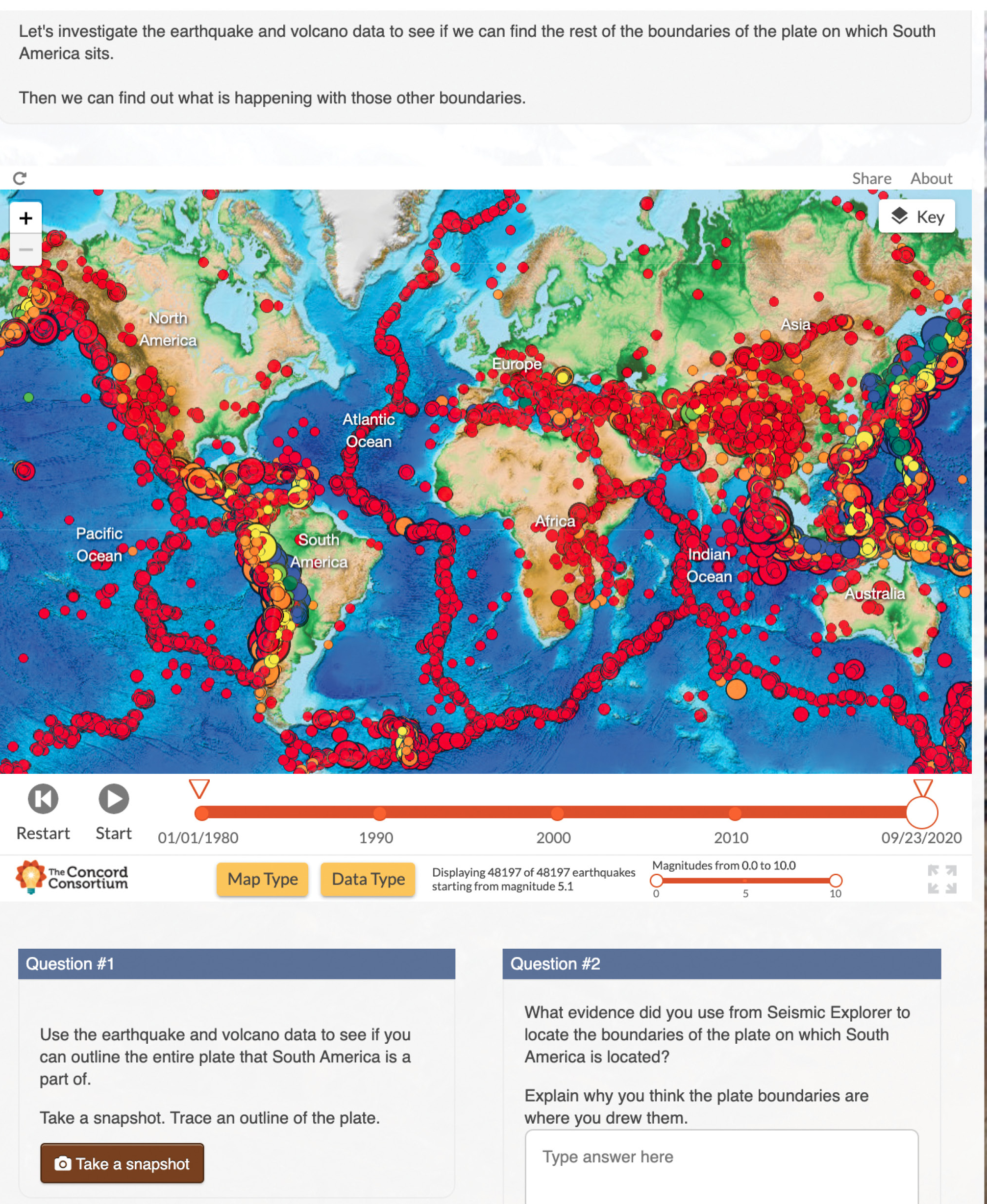 A plate system reasoning task from the online plate tectonics module. Students interact with the model and respond to embedded questions in the online module.