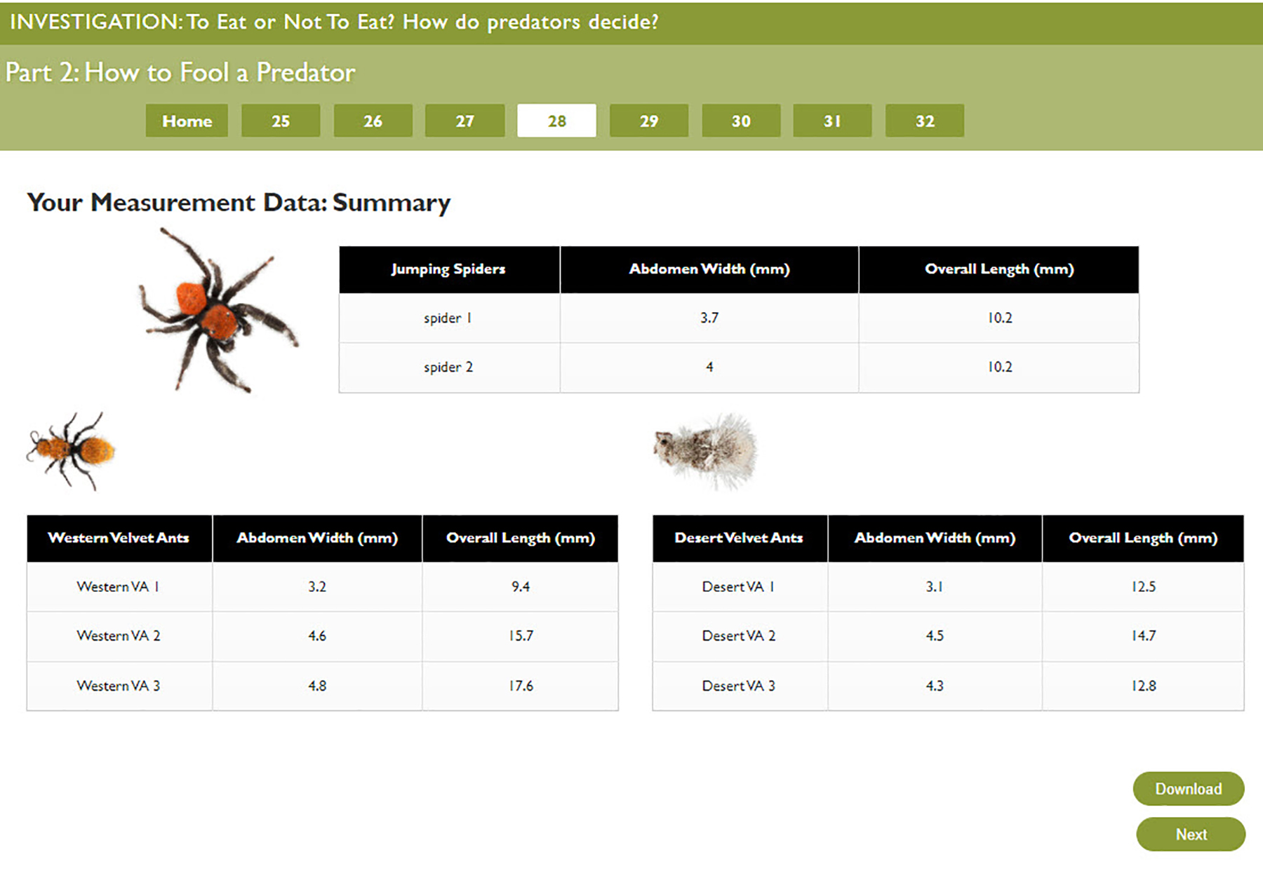 The image above shows that instructional supports include visual cues to connect data to speciments and the option to download student data.