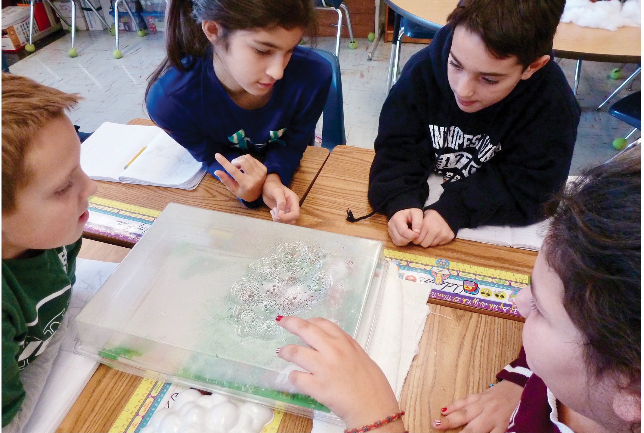 Students examine water cycle models and suggest ideas to explain the condensation.