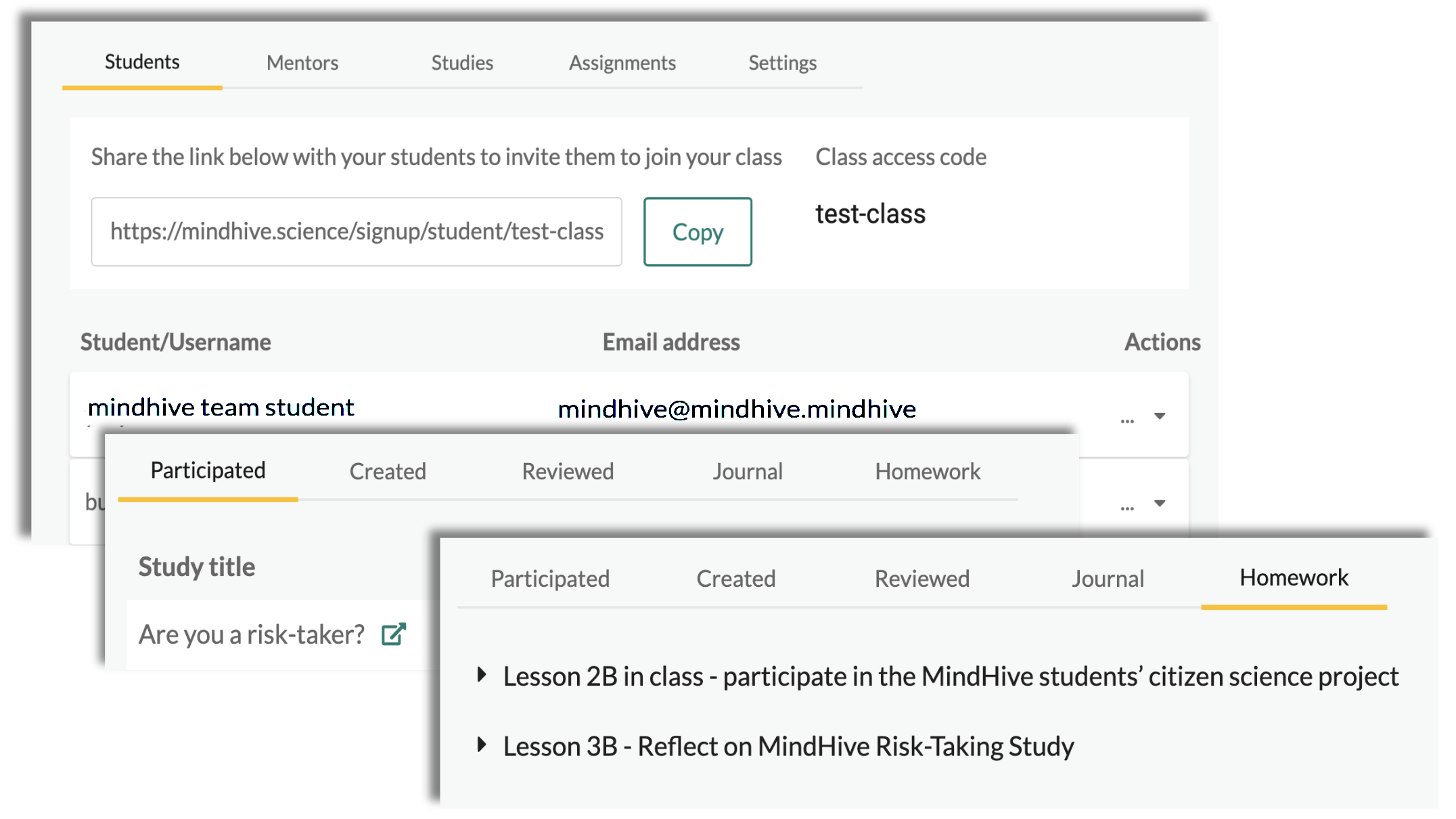 Figure 3. MindHive functionality for teachers