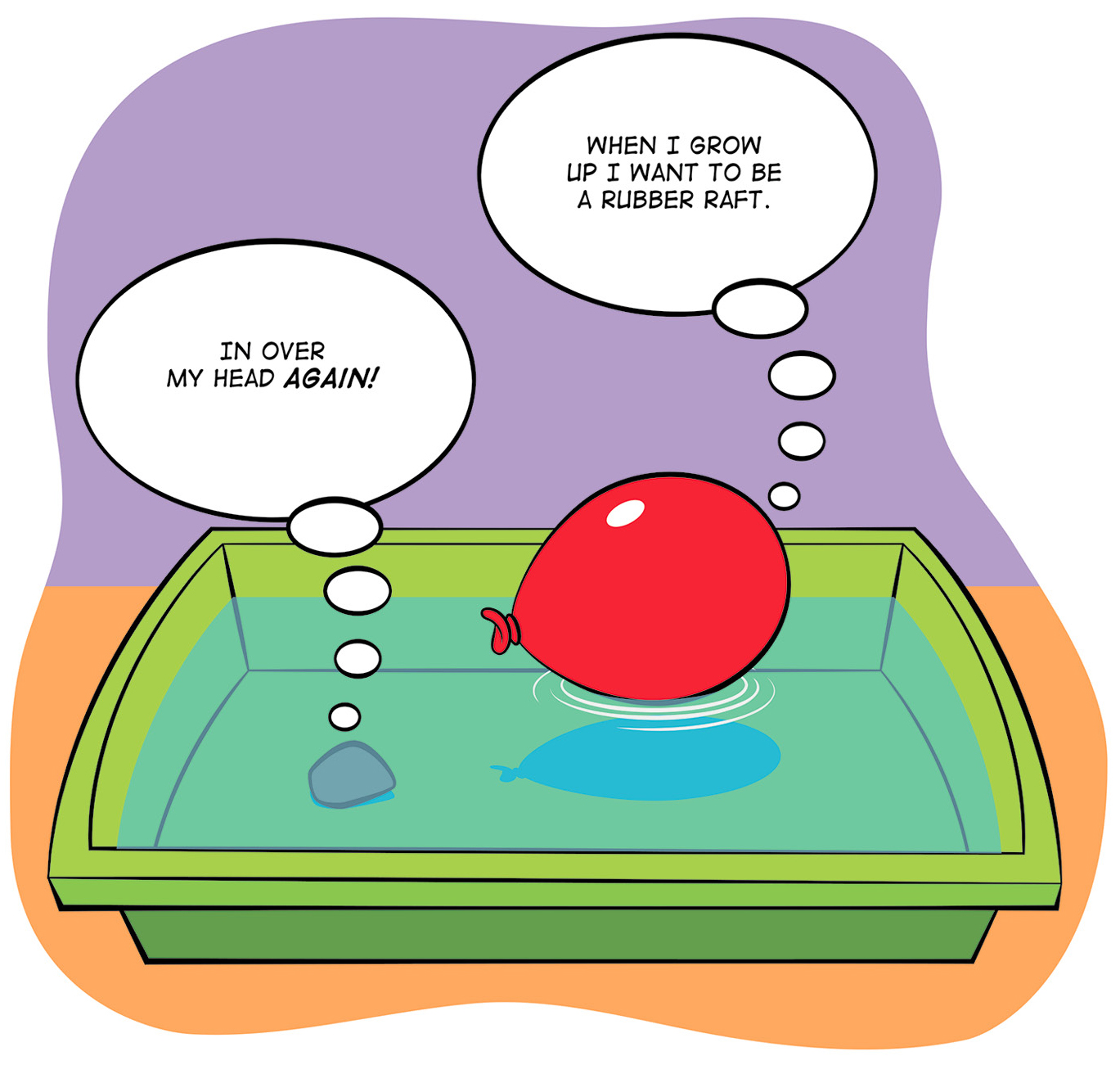 The balloon has low density, so it floats on water. The rock has high density, so it sinks.