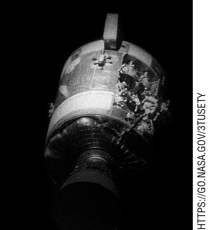 View of the damaged Apollo 13 service module.