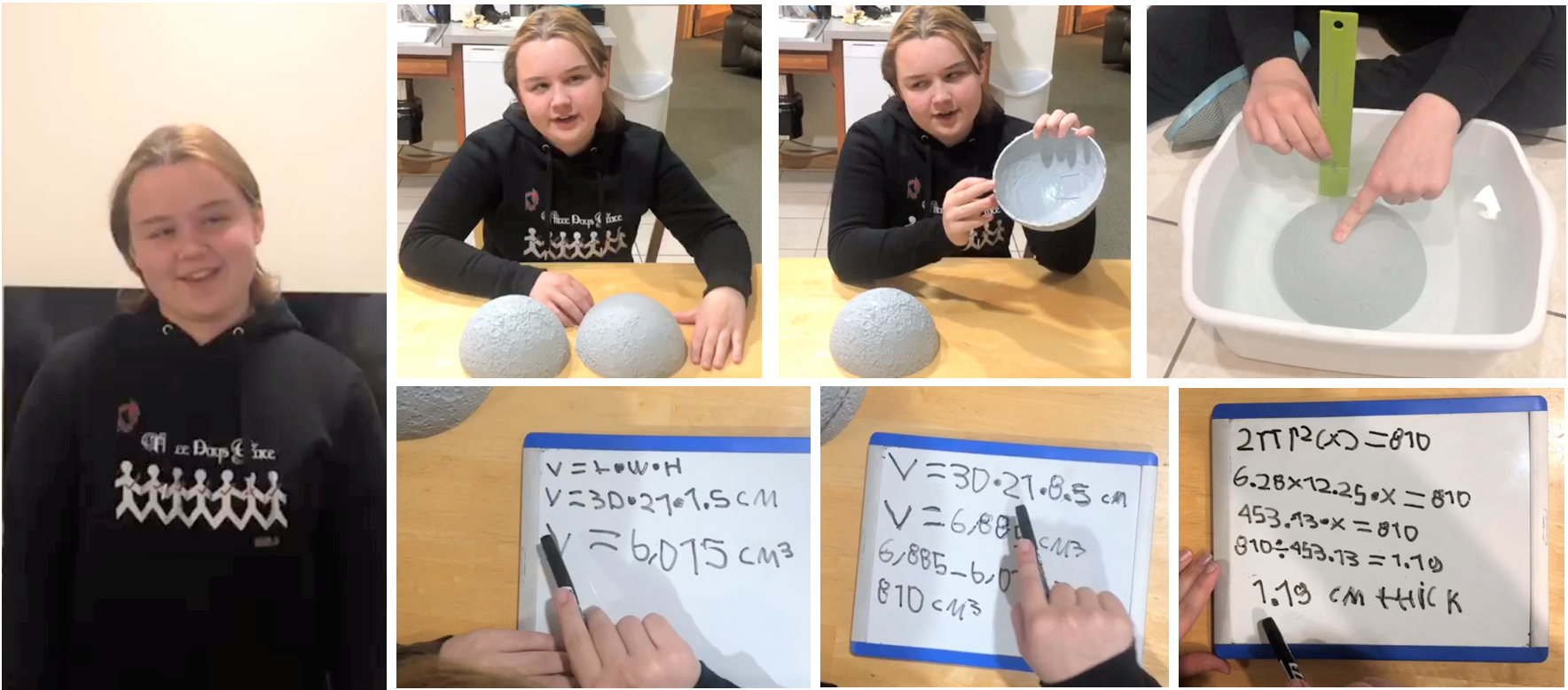 Seven tiled images of the student. One larger image of the student smiling and facing the camera. Two images of the student showing the half hemispheres of the moon, one image demonstrating water displacement with a water basin, and three images of the student calculating the thickness of the crust using a marker and whiteboard.