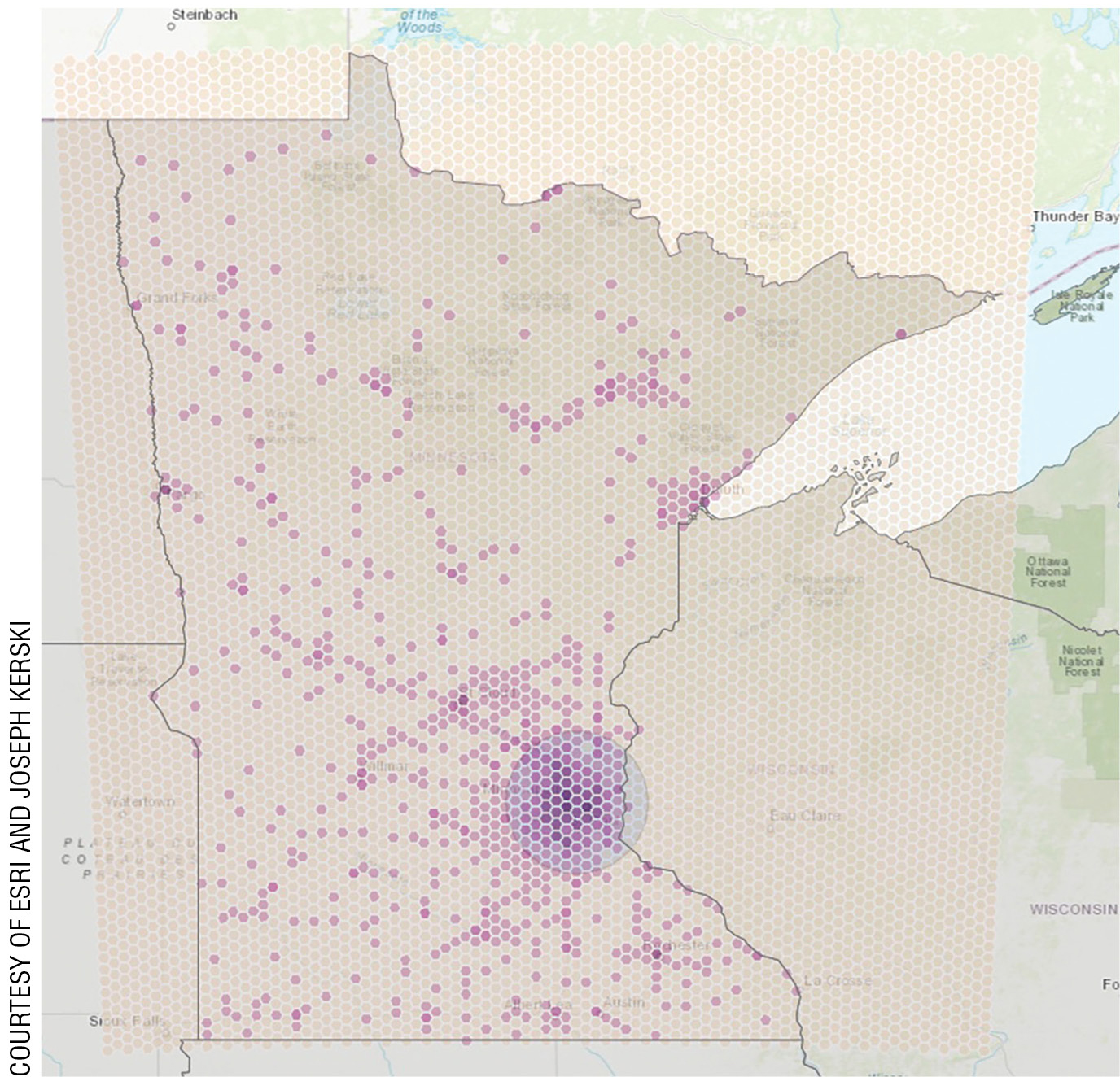 ESRI StoryMap generated by two middle school students showing how many cars are driven each day, with purple-colored hexagons representing a greater number of cars traveling per day within a five-mile radius.