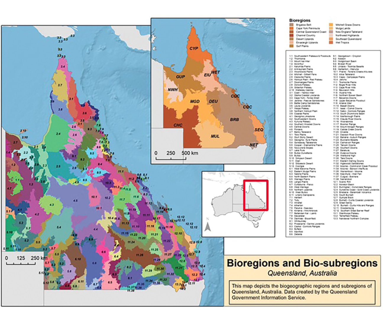 Map of bioregions and bio-subregions in Queensland, Australia (produced with ArcGIS Desktop; Law and Collins 2018).