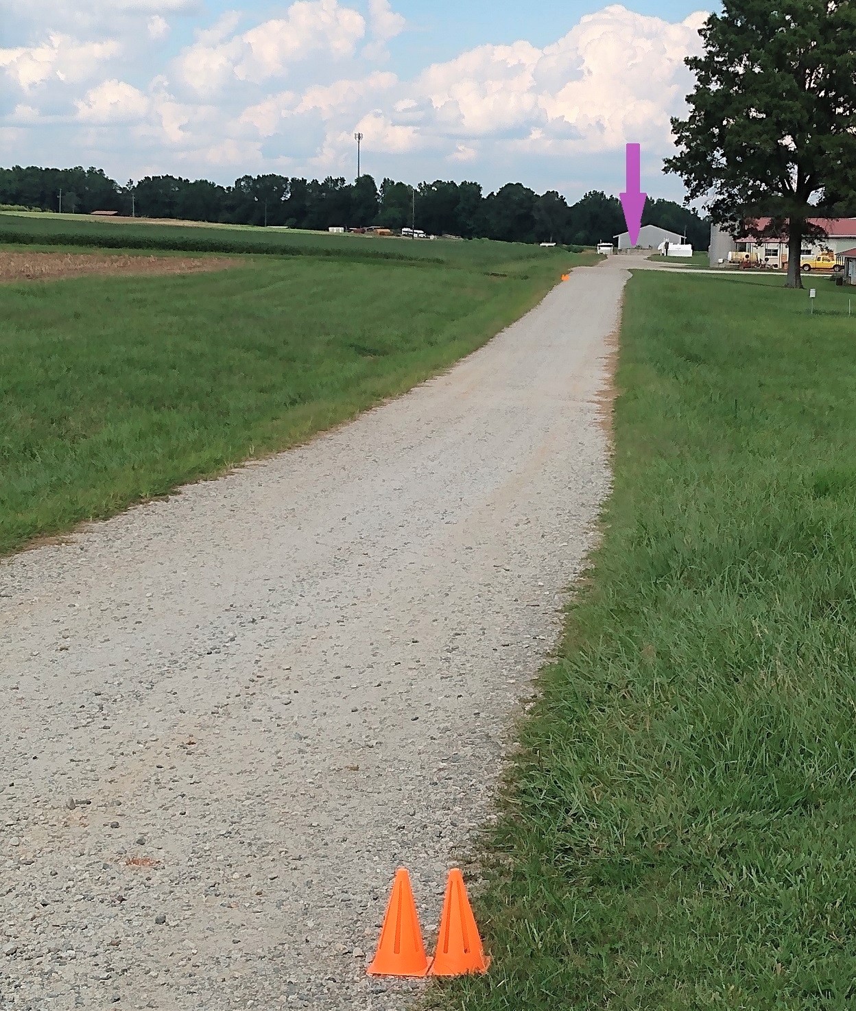 The beginning portion of the agricultural road used in the lab. These two sets of cones are at 0.1 and 0.2 miles from a gray wall (point of arrow in the distance, where a car is parked during the lab).