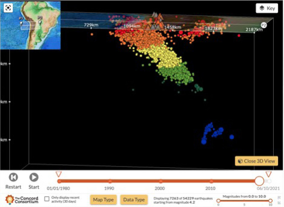 Seismic Explorer showing earthquakes, their depth and magnitude.