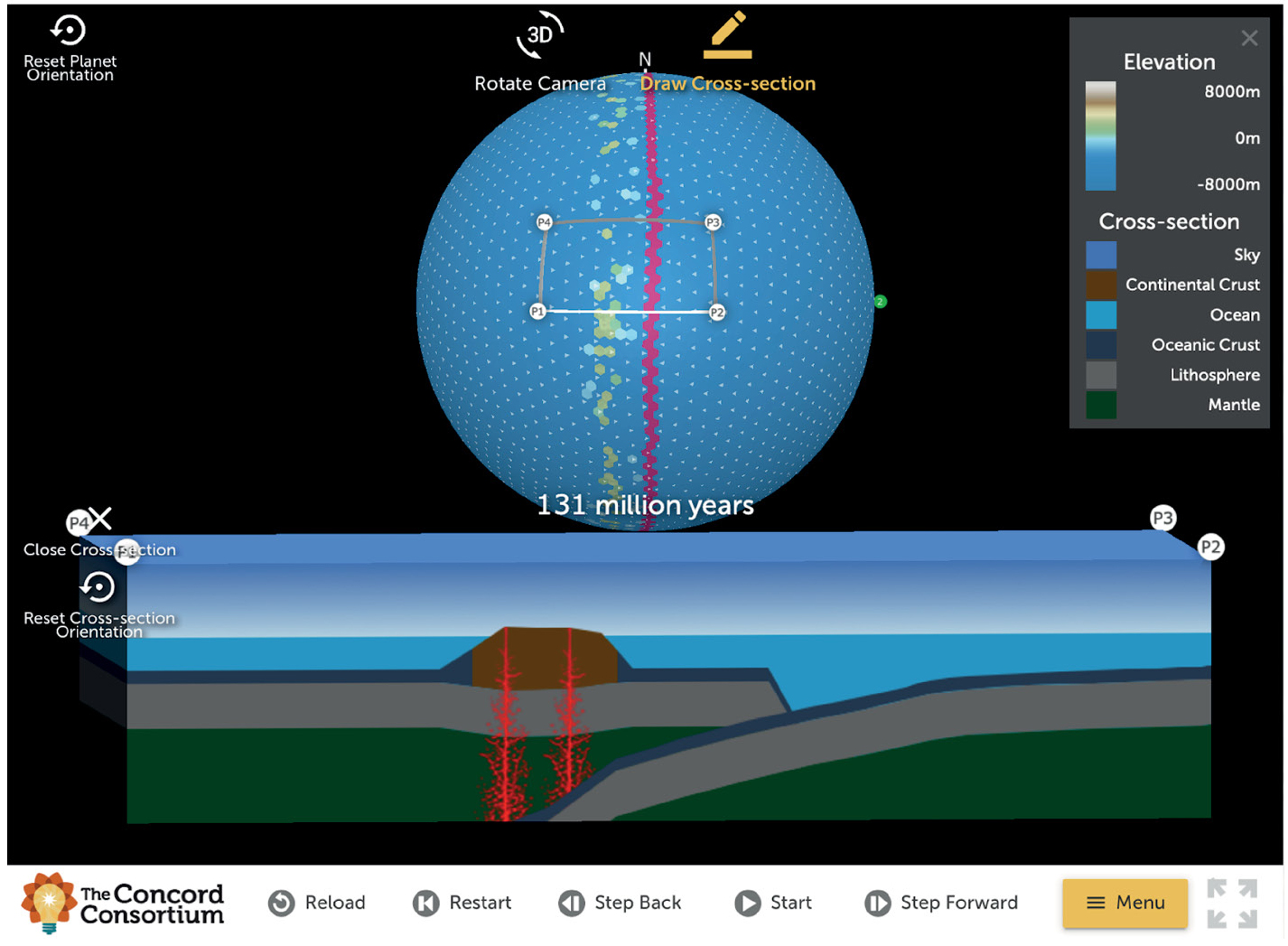 Tectonic Explorer. Students can create land masses, adjust relative density, and plate motion to investigate plate interaction and the resulting landforms. Sample student  re-creation of the Aleutian Island chain (Concord Consortium 2019). 