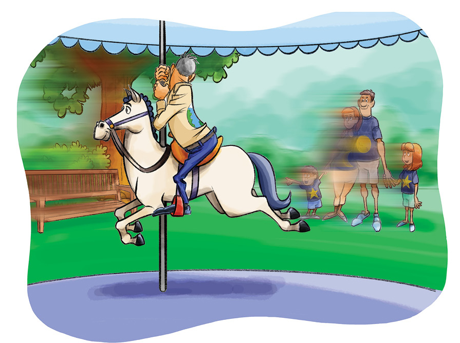 The apparent motion of celestial objects due to the rotation of Earth can be compared to watching things appear to pass by in front of you when you’re on a merry-go-round. 
