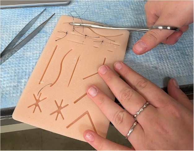 Student practicing suturing. 