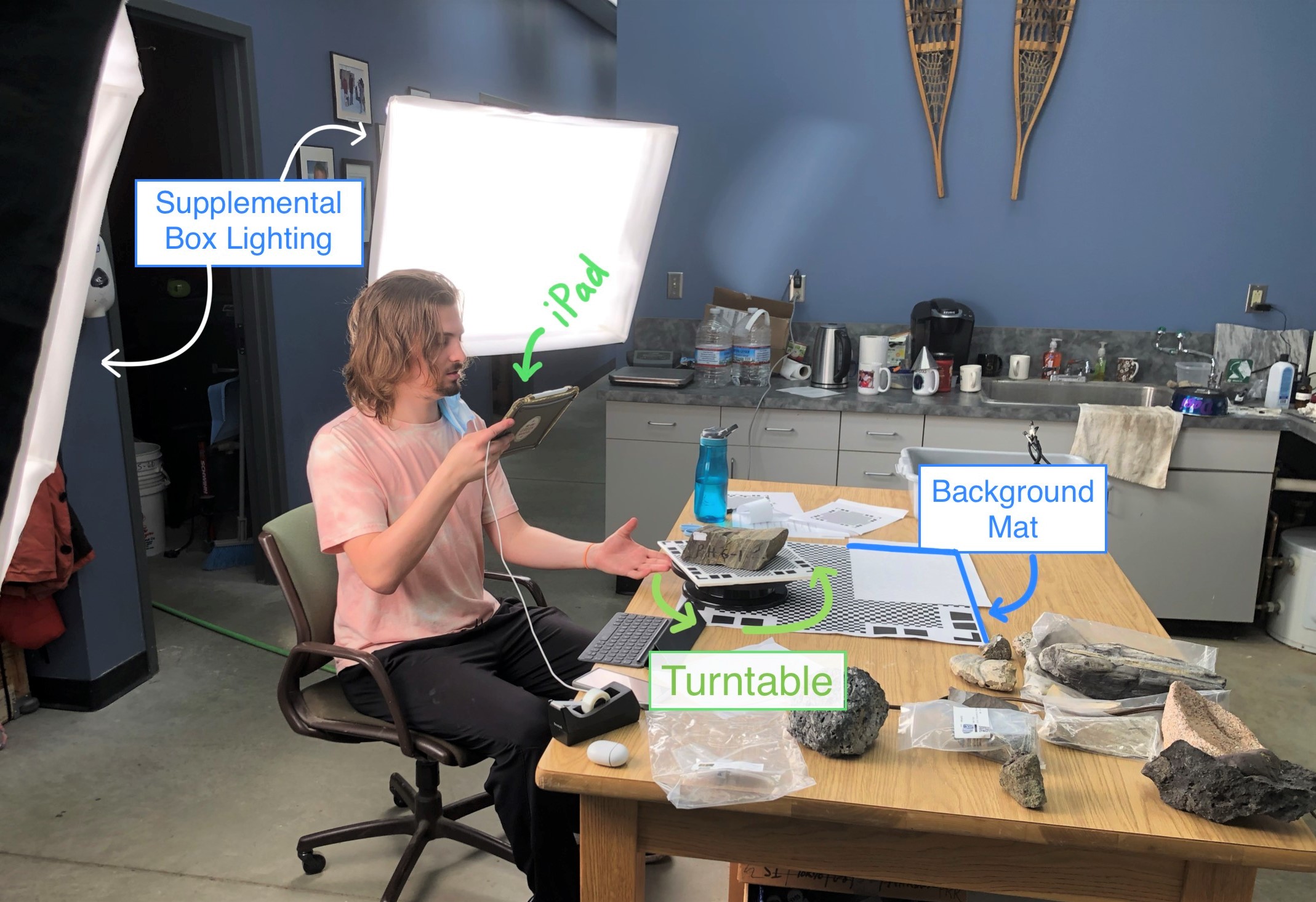 Scanning of a rock sample using Qlone installed on an iPad. Supplemental lighting was added to improve image capture with samples placed on a printed checkered mat (reference for software). A small turntable was used to increase speed of image collection, maintain consistent distance from the sample, and reduce shadows that emerge when the iPad is moved around the sample. Larger background mats were printed for samples that would not fit on the turntable, and scales are pasted on each sample 