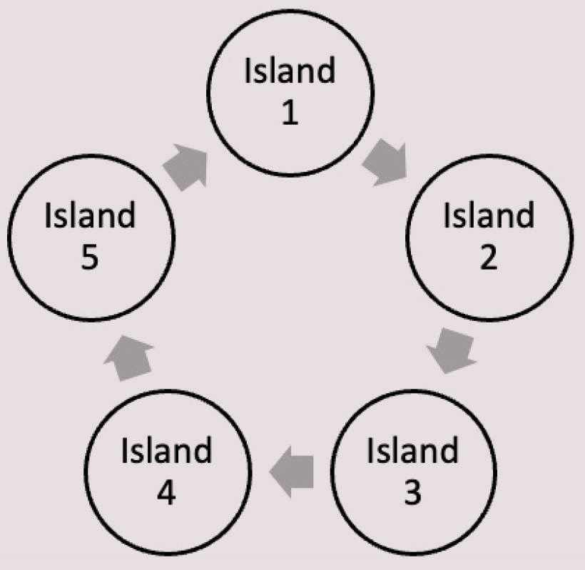 Trade routes between islands when five groups play the game.