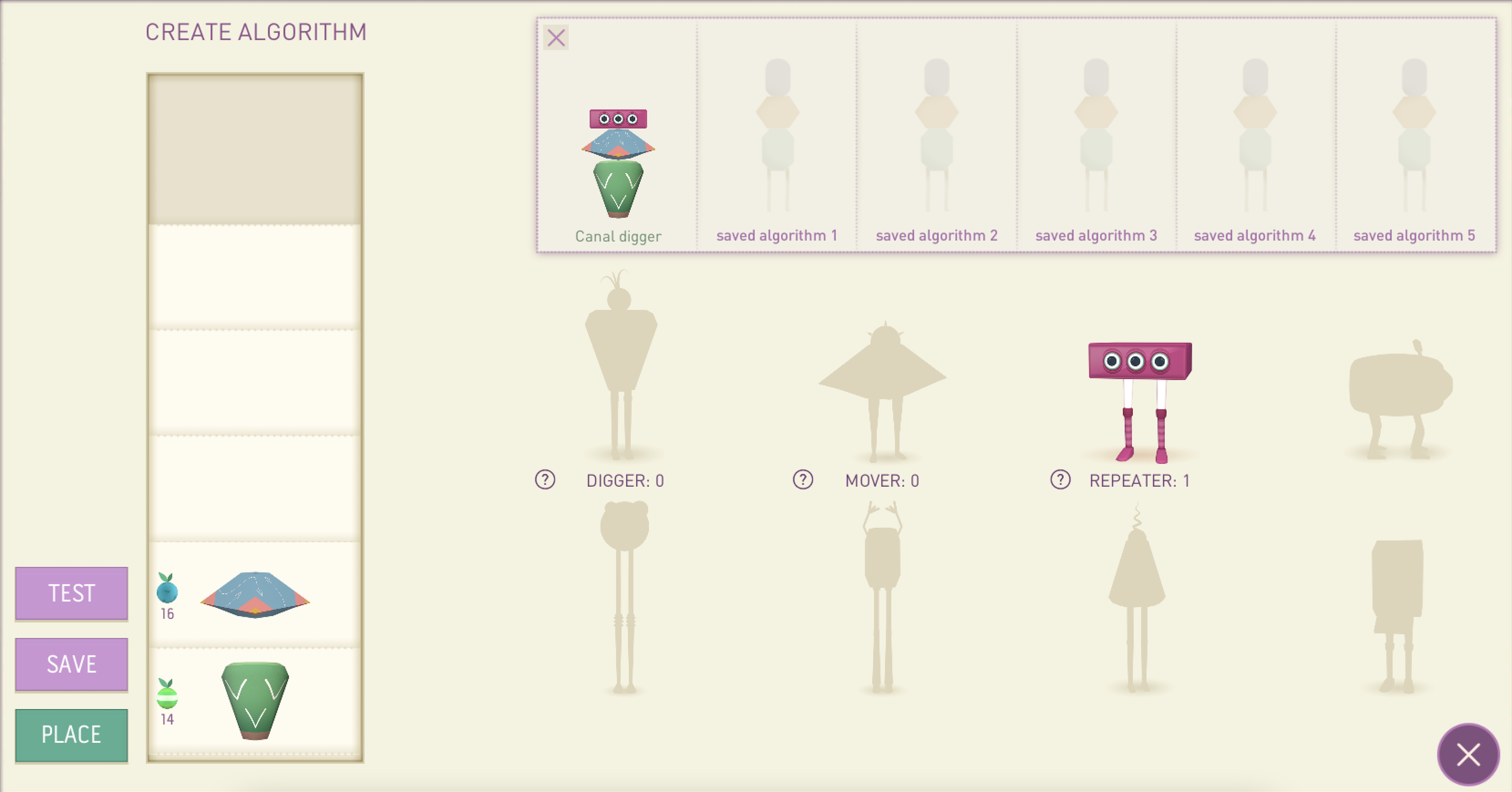 The algorithm editor is where players can combine different creatures together to make algorithms to perform intended functions. The player can also save and test new algorithms here.