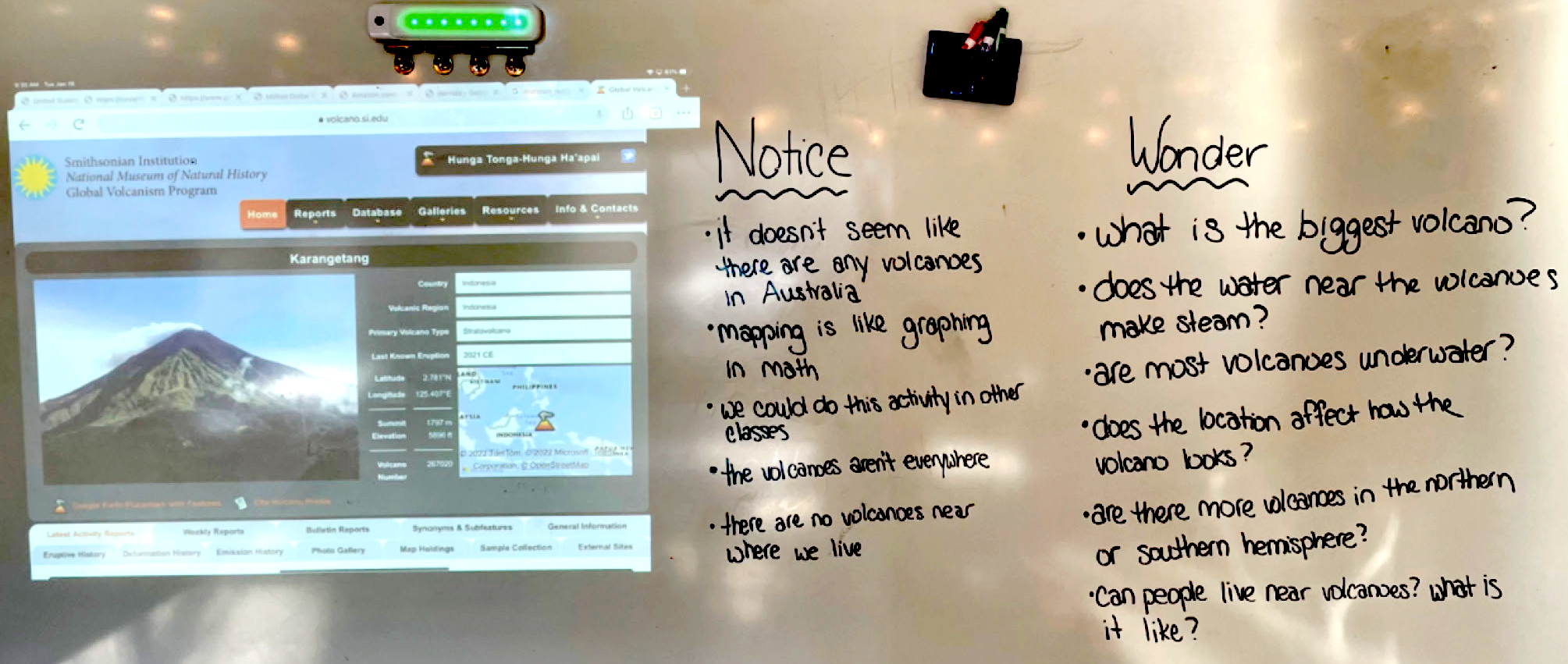 Projection of information and record of students’ questions and observations. 