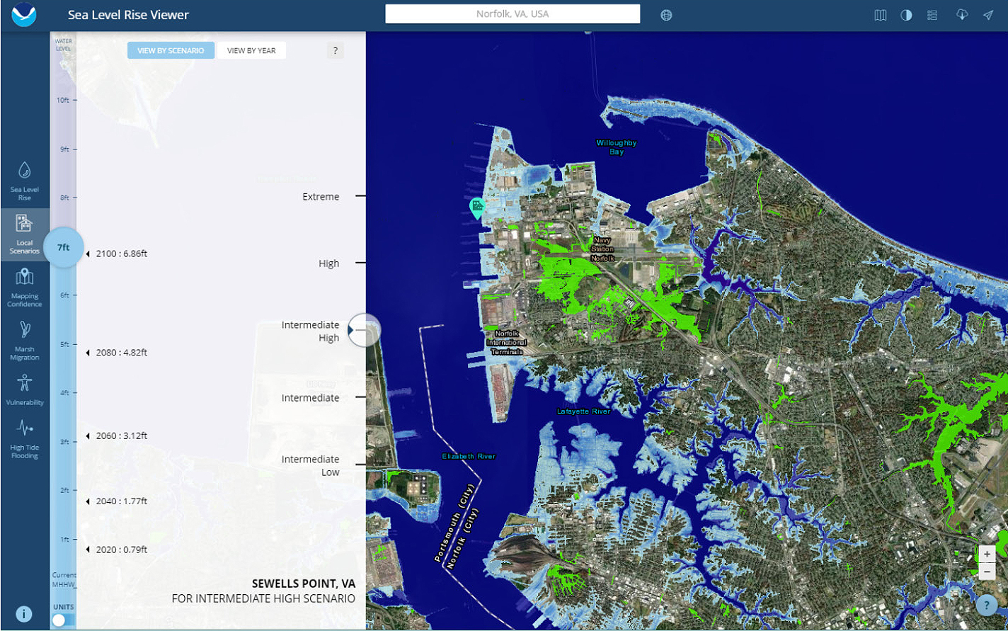 Digital coast sea level rise simulator by NOAA.
