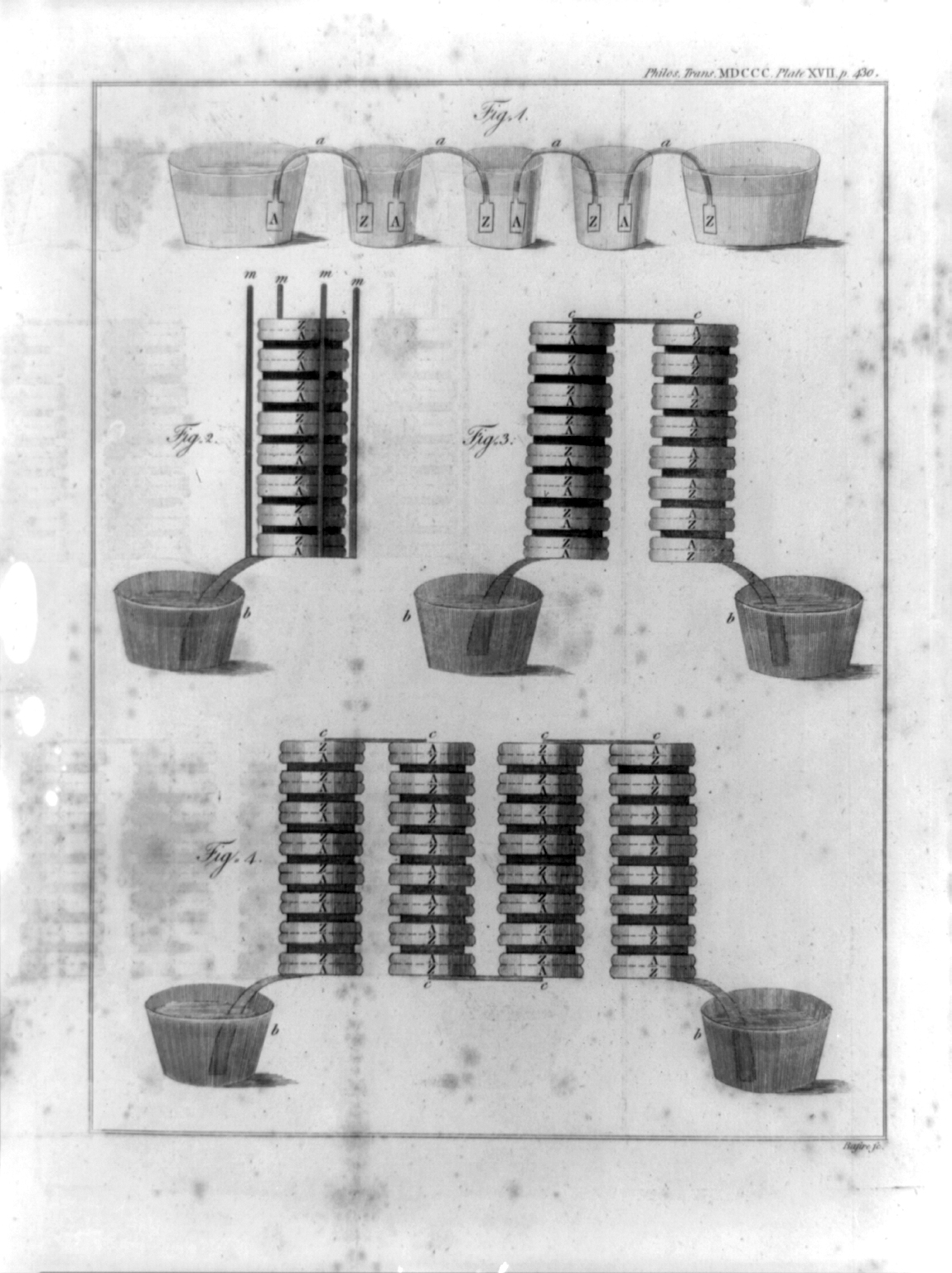 Diagram of the first battery, which was made of alternating metal layers and saline-soaked leather pads, and proved electricity is caused by contact with dissimilar metals.