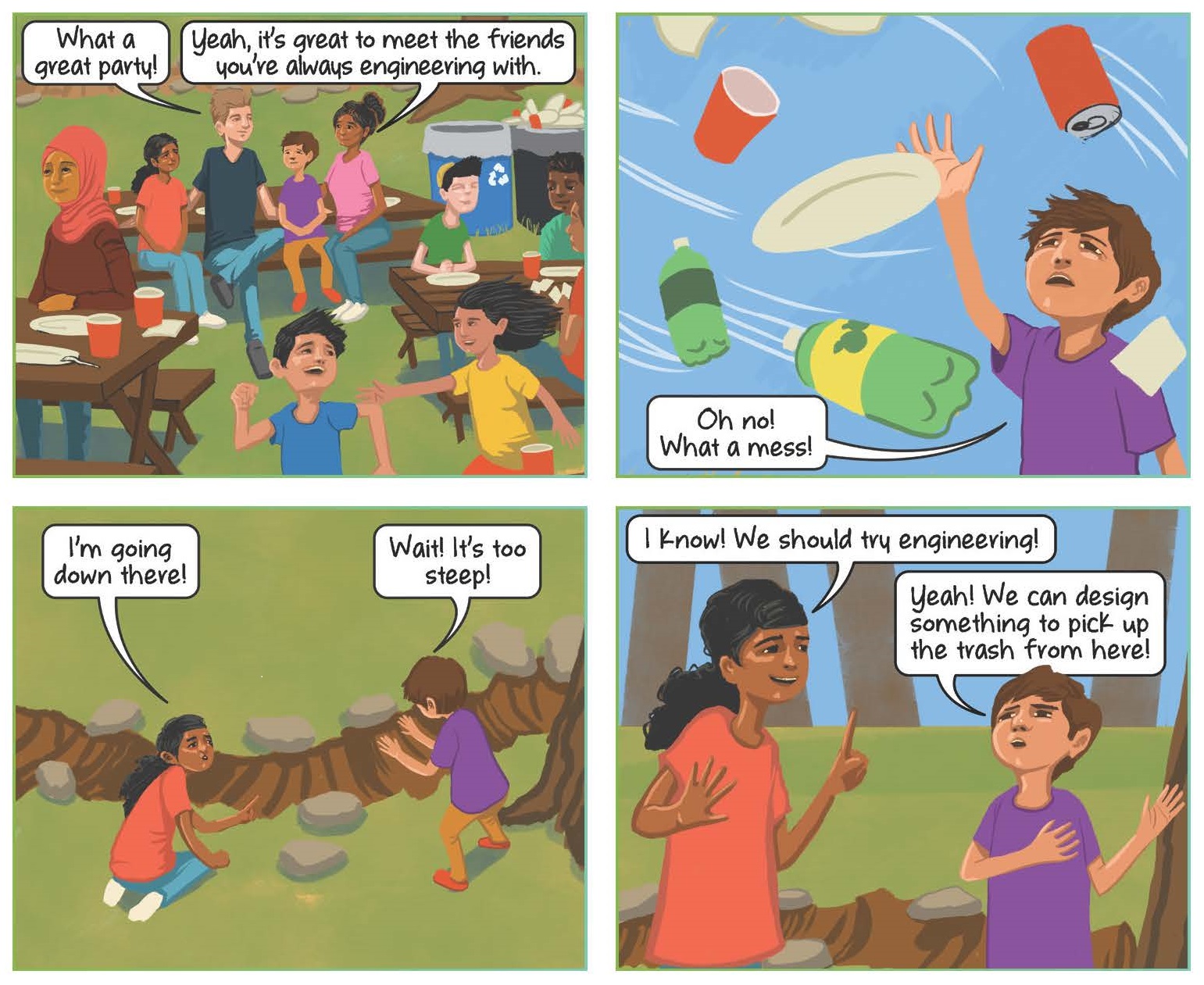 Figure 1. A comic strip sets the narrative context for the Pick It Up! STEM Event activity.
