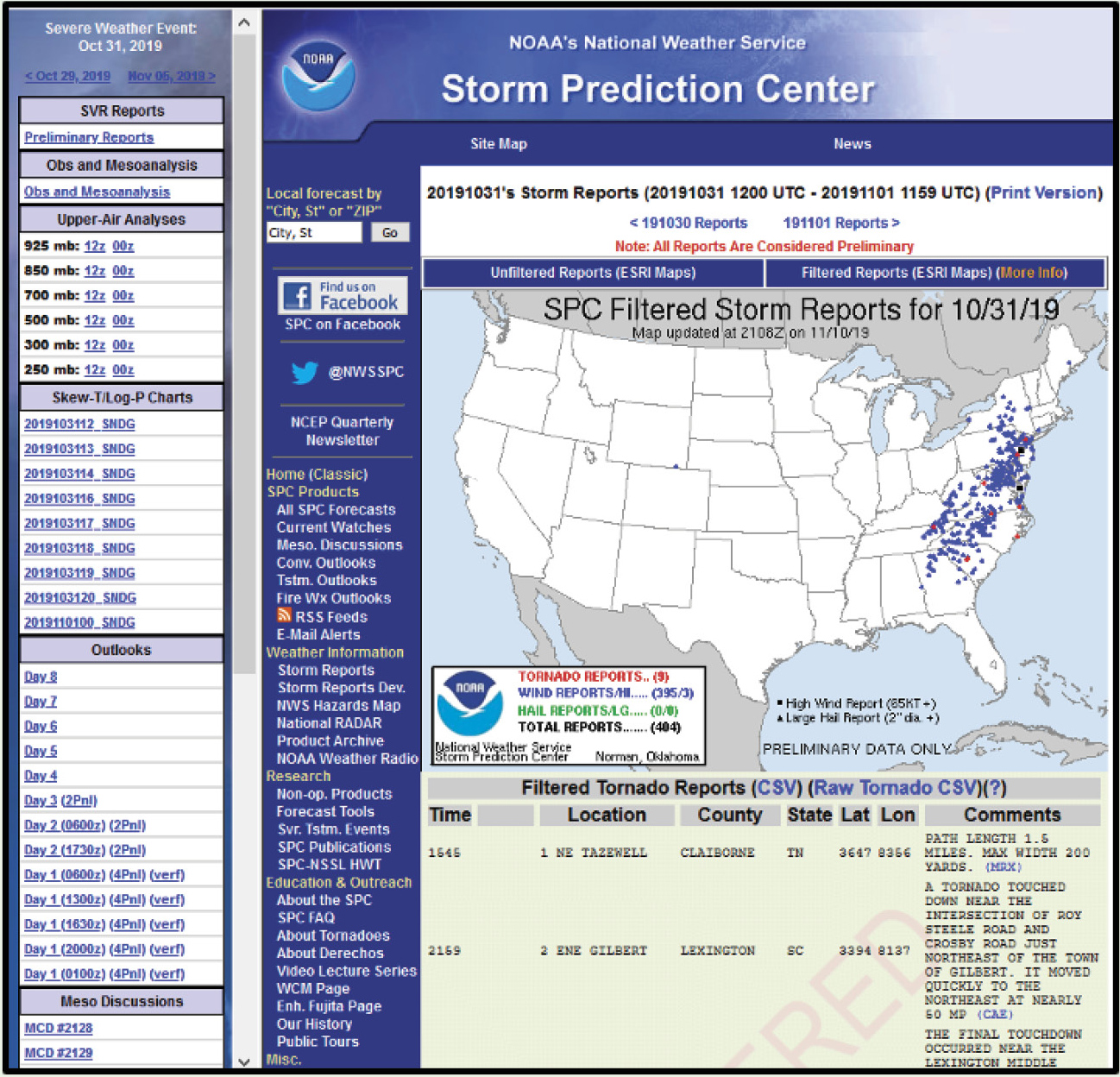 Overview of severe weather reports and meteorological data (left panel) for October 31, 2019. 