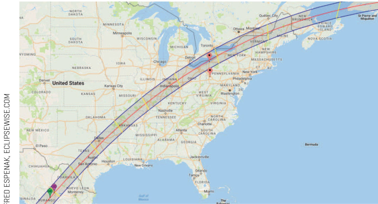 Map showing the path where totality is visible.