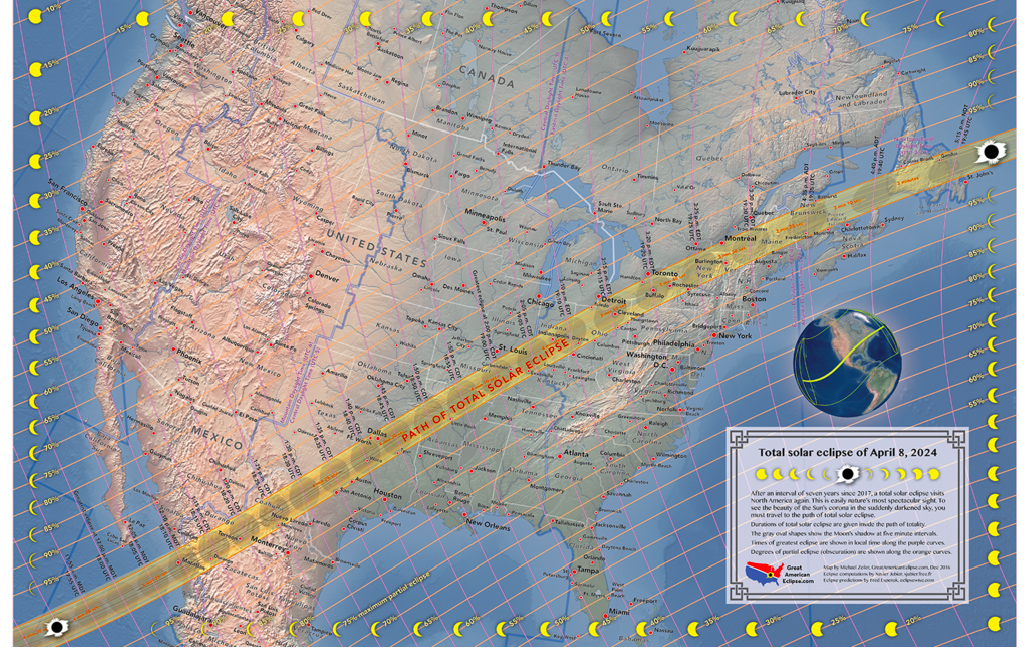 Total solar eclipse in 2024 (larger version at https://bit.ly/3LBeLpG).