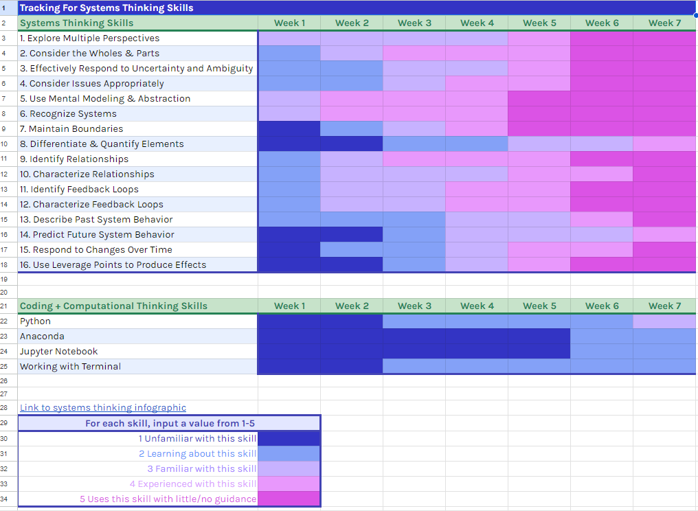 Figure 1. High school student (rising 12th grader) example with unique color variation and voluntary expansion into other desired skills (coding + computational thinking in rows 21–25). 