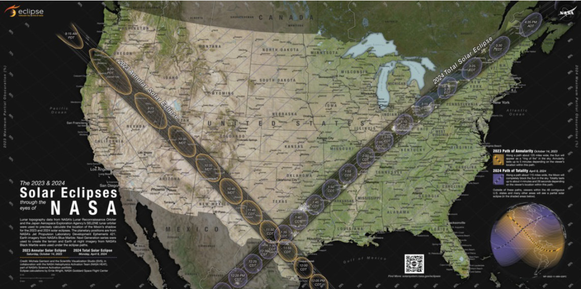 Paths of the 2023 and 2024 solar eclipses.