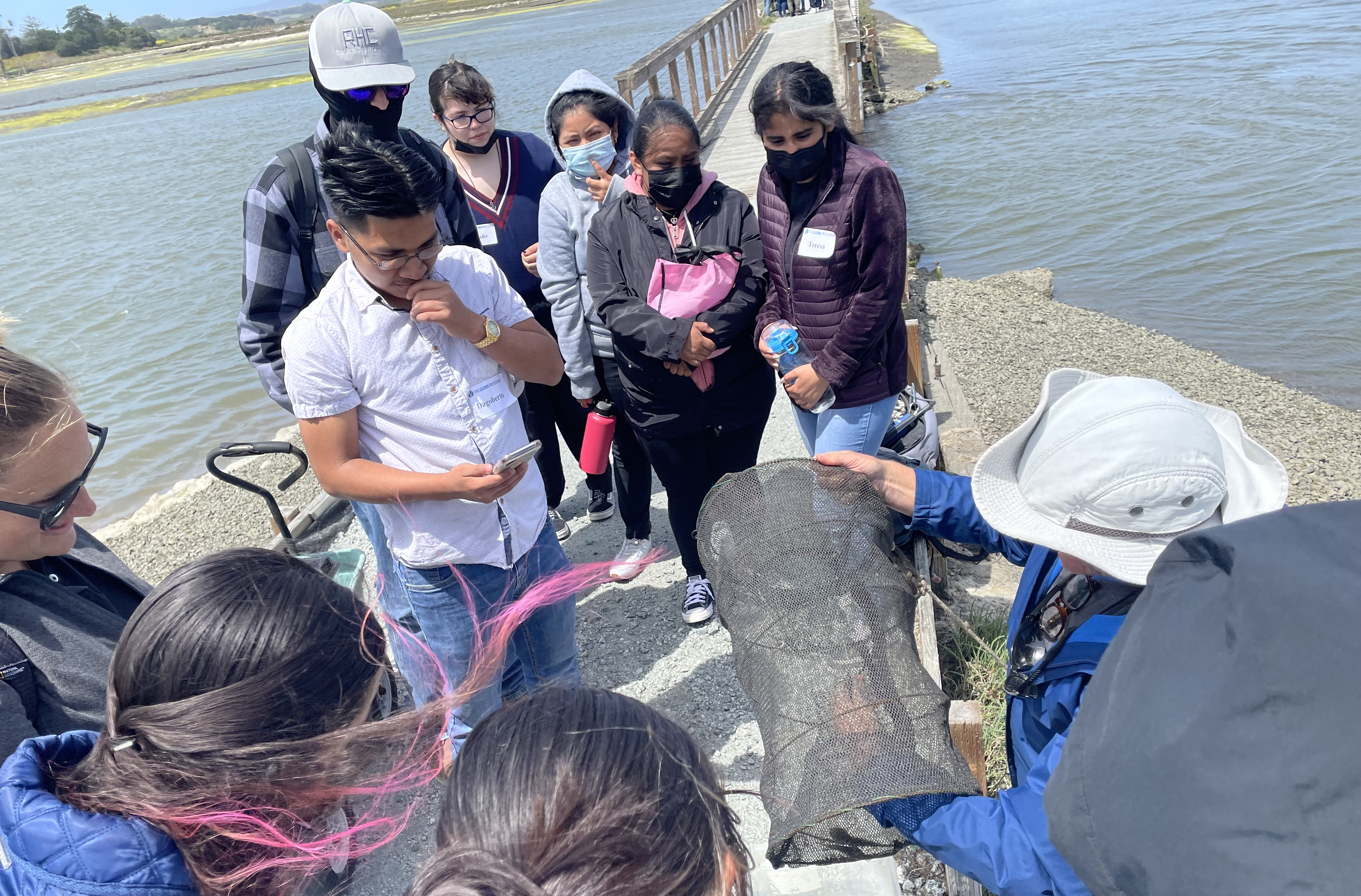 Students investigate crab species at the Elkhorn Slough Reserve GLOBE Local SRS, Elkhorn Slough National Estuarine Research Reserve in Watsonville, California.