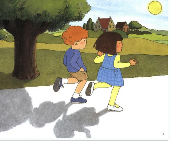 Page from "What Makes a Shadow?" showing two children with shadows