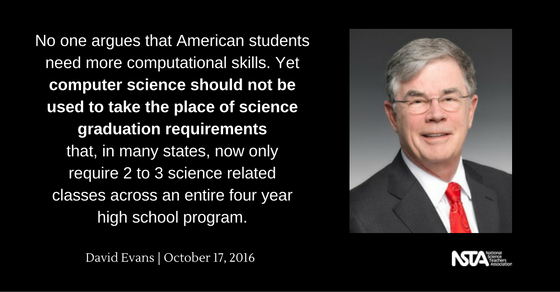 Text-based header reading "No one argues that American students need more computational skills.  Yet computer science should not be used to take the place of science graduation requirements that, in many states, now only require 2 to 3 science related classes across an entire four year high school program."