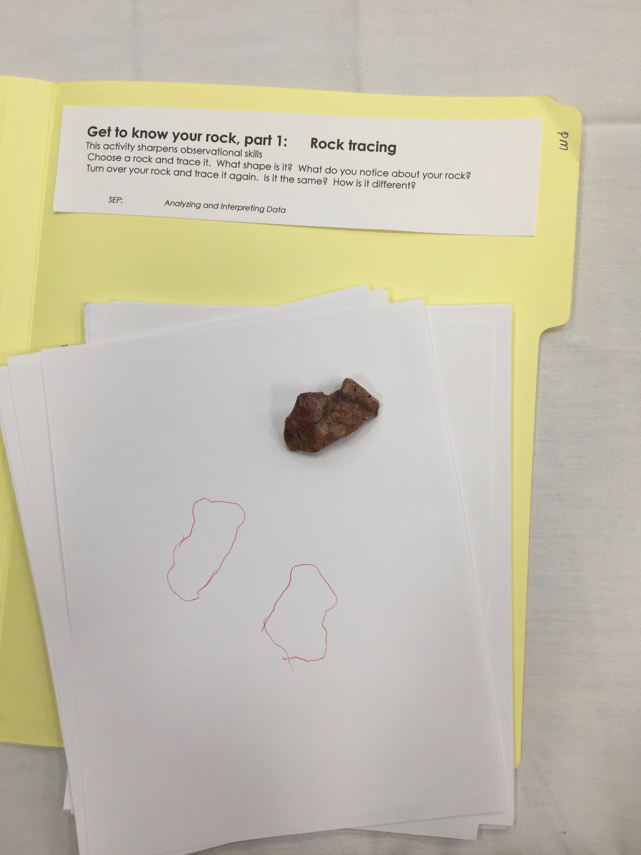 Trace a rock, turn it over and trace it again. Becoming familiar with a rock and using spatial ability.