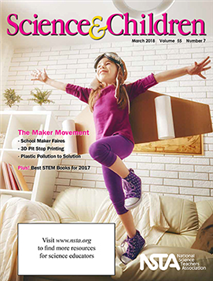 Cover of the March 2018 issue of Science and Children: child wearing homemade cardboard wings