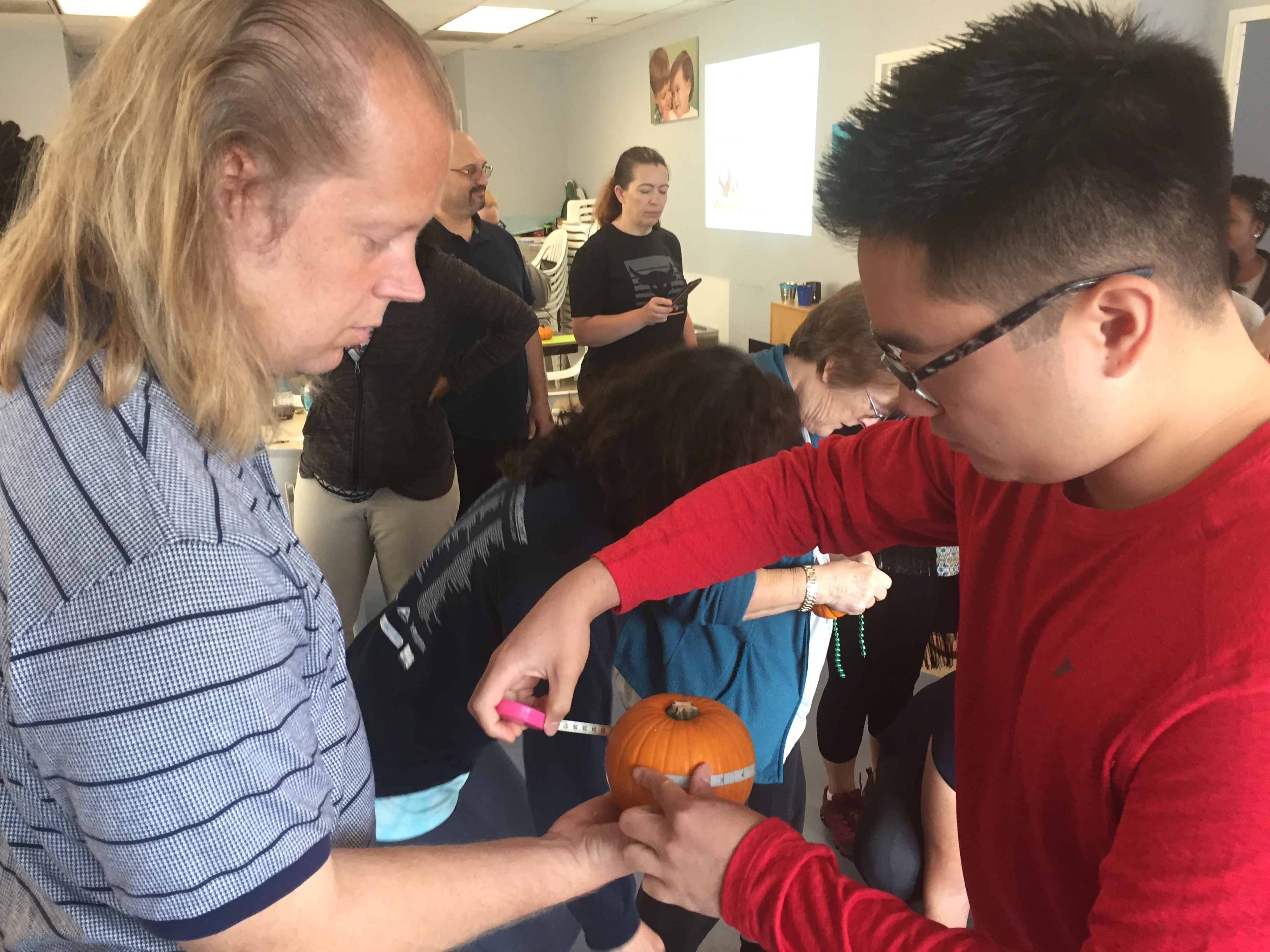 Teachers measure the widest circumference of a small pumpkin using a measuring tape.