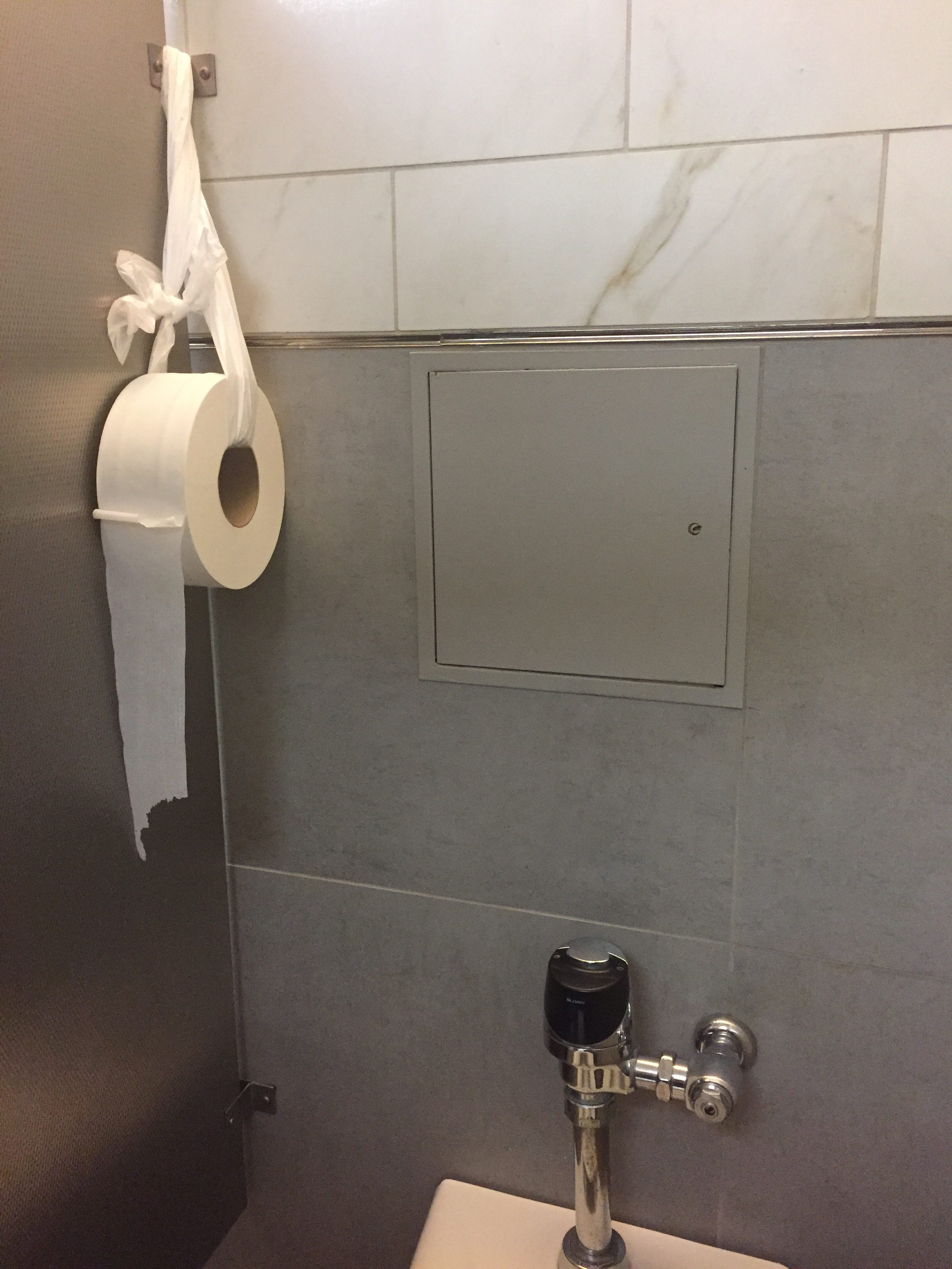 A roll of toilet paper hung up on a hook with a rope.