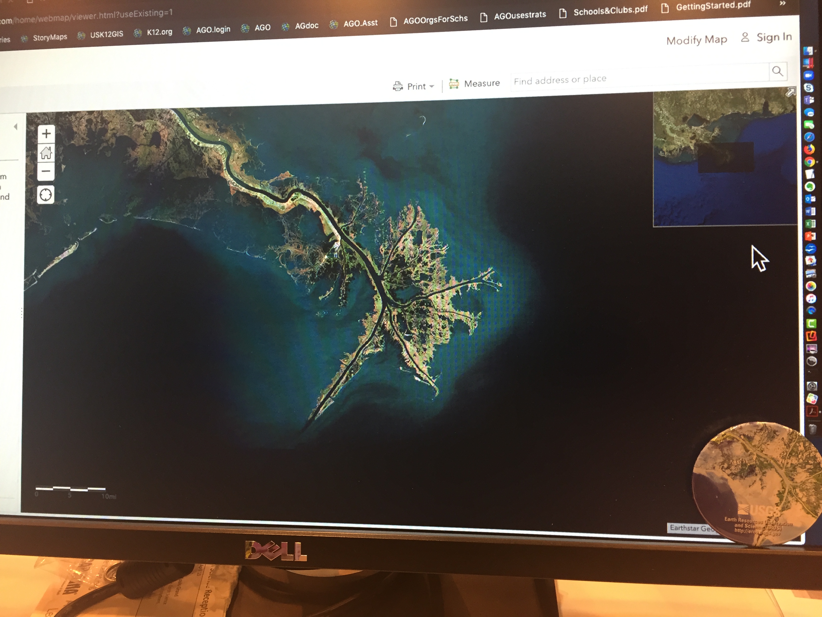 Image of the Mississippi River delta, the so-called "crow's feet," seen on a computer.