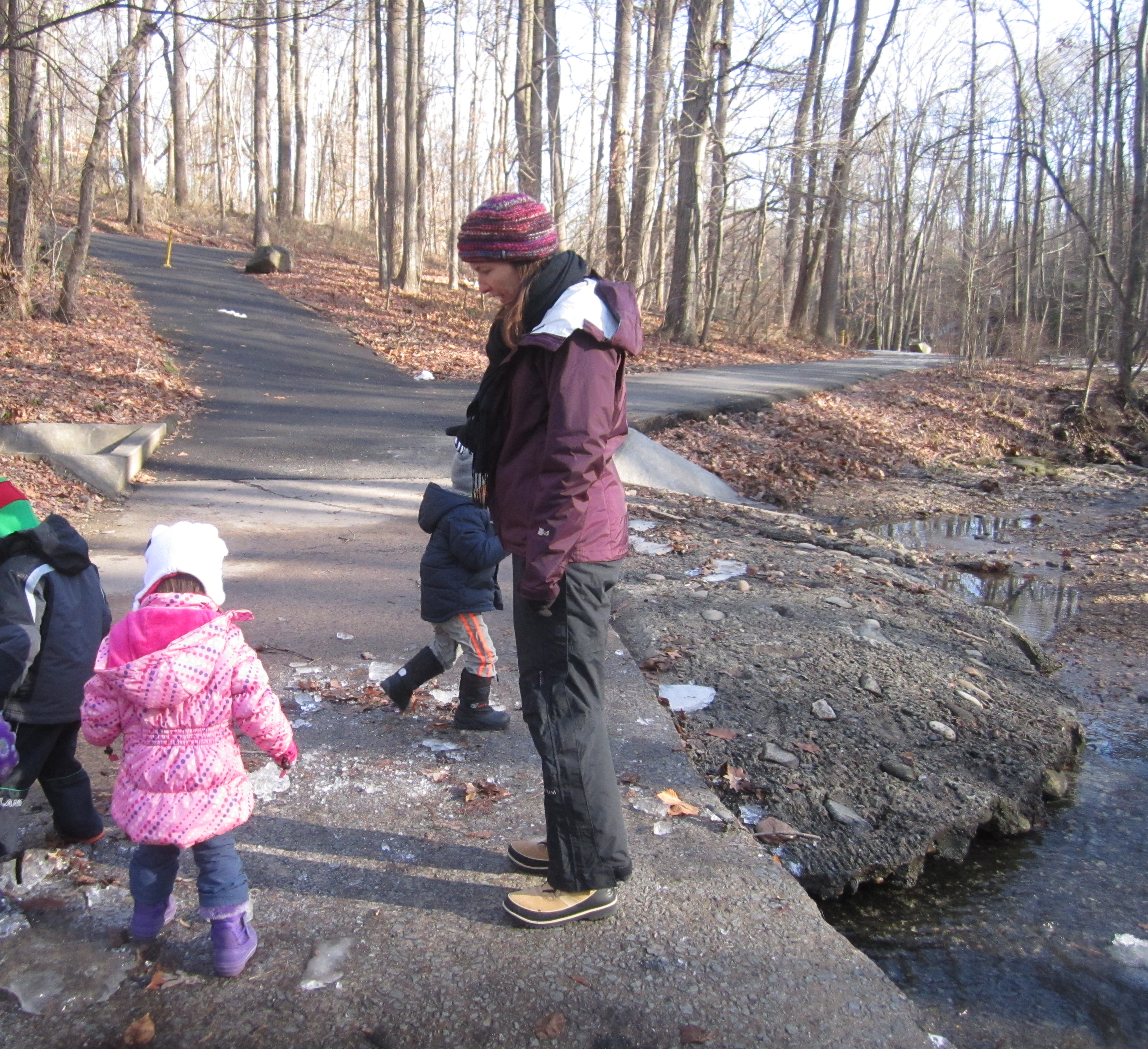 Children and teacher walk on a path alongside a creek, in winter