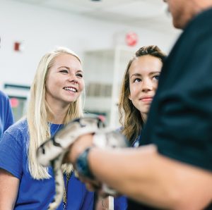 Zoo herpetologist discussing reptiles with zoology students.