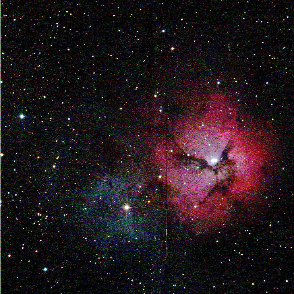 An SJS educator uses Skynet to take three images of the Trifid Nebula with different filters and combines them to make a tricolor image data product. The gas and dust indicate star formation